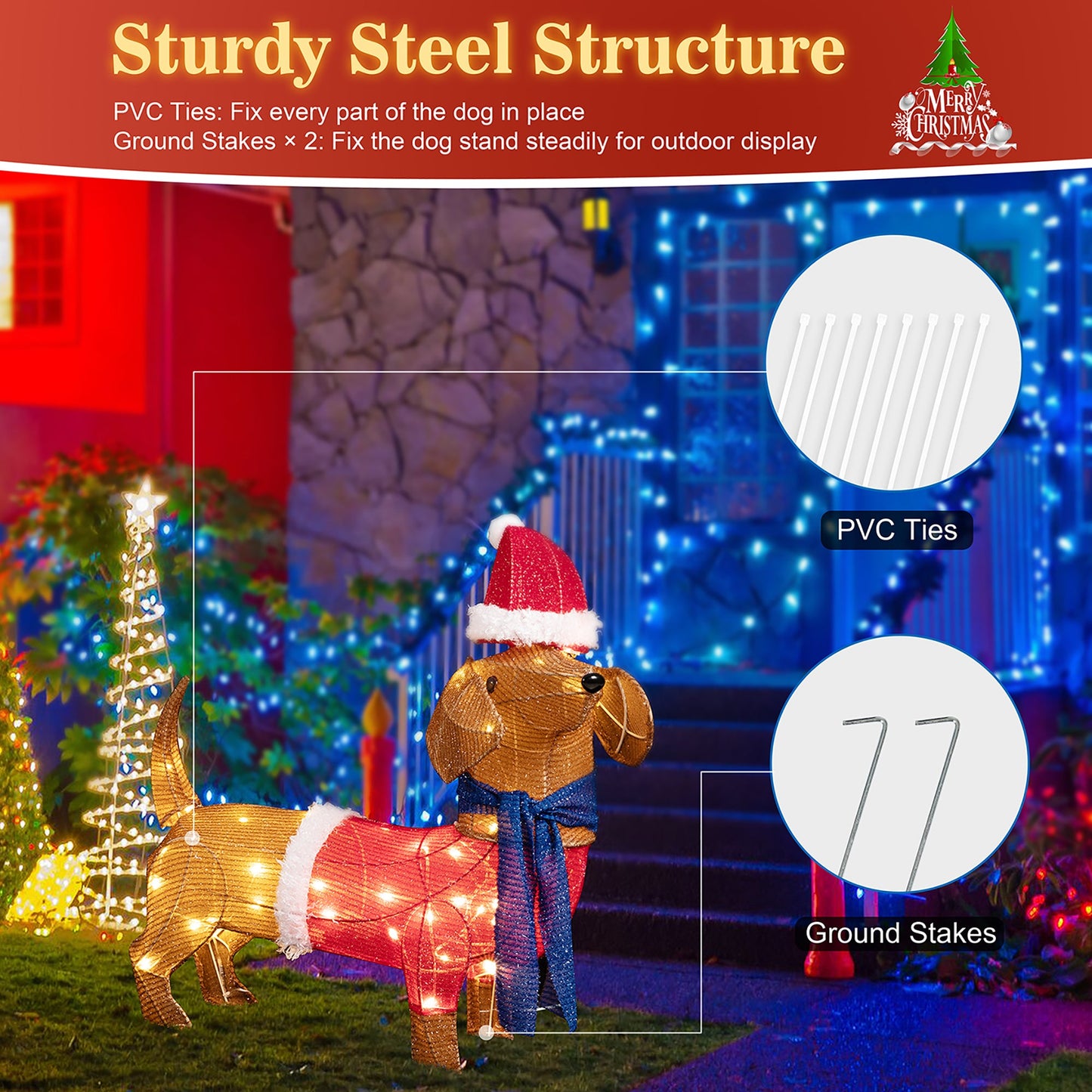 Walsunny LED Lighted Christmas Tinsel Wiener Dog, Yard Lights