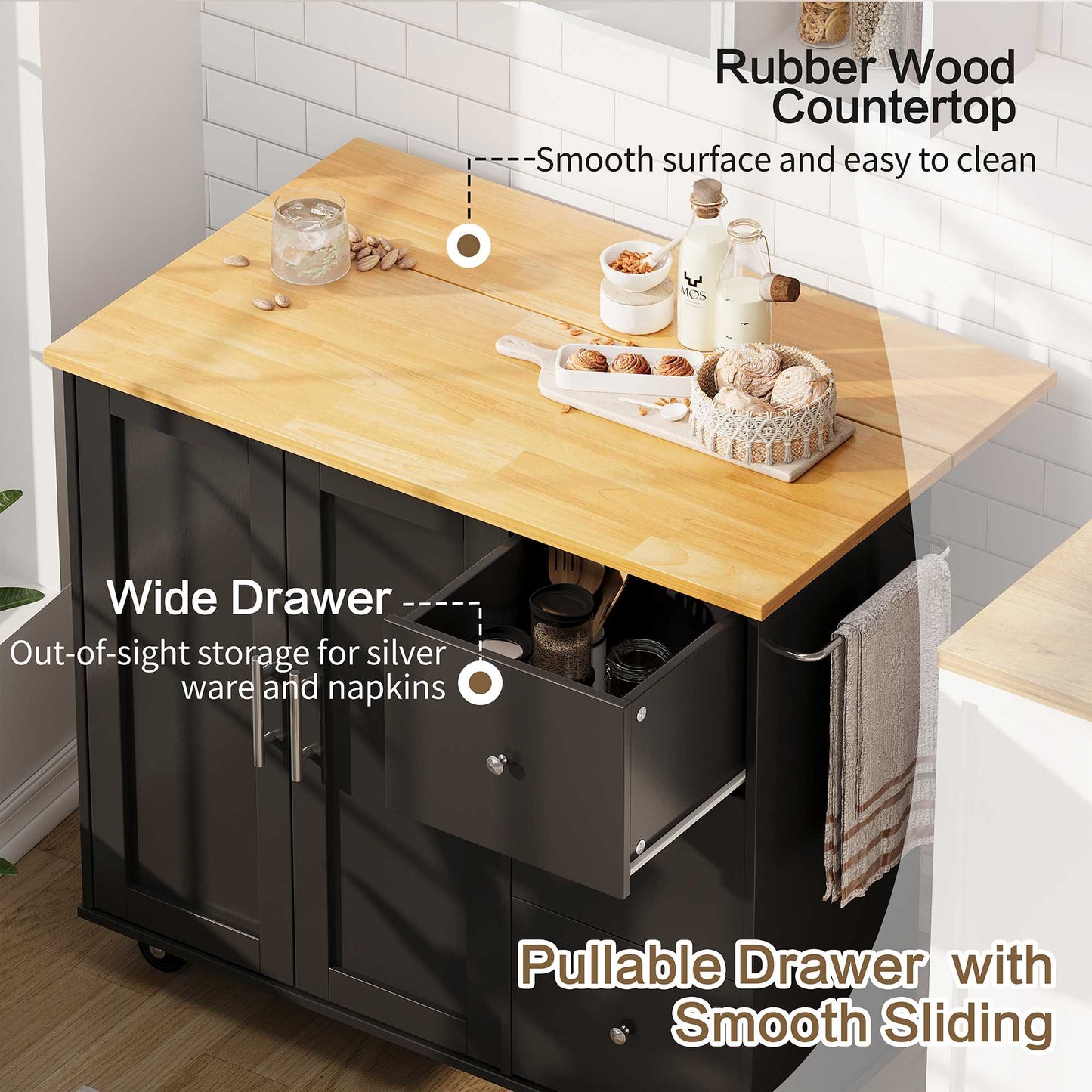 Walsunny Kitchen Island on Wheels with Storage Cabinet & Foldable Drop Leaf, 39.7" Width Rolling Kitchen Table