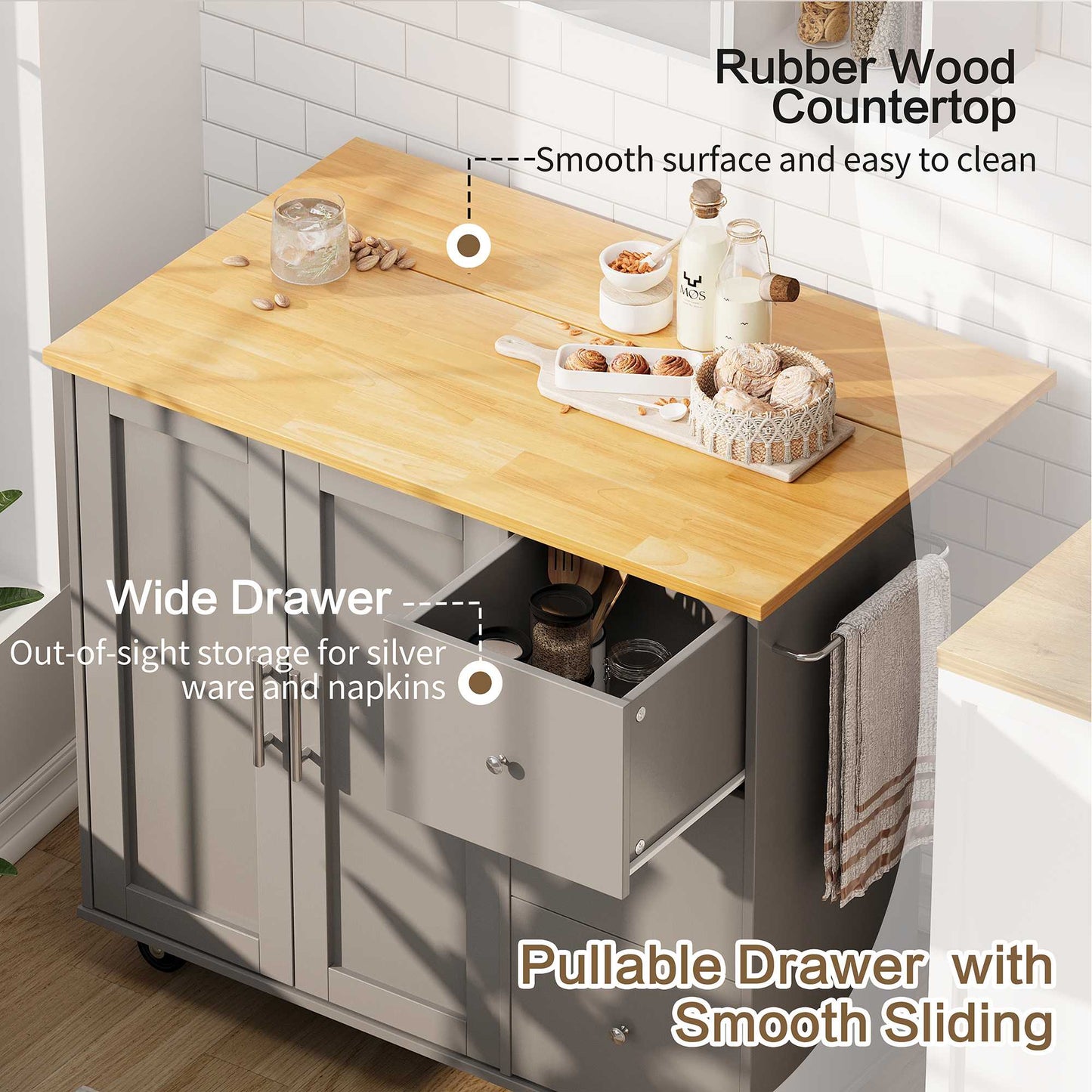 Walsunny Kitchen Island on Wheels with Storage Cabinet & Foldable Drop Leaf, 39.7" Width Rolling Kitchen Table
