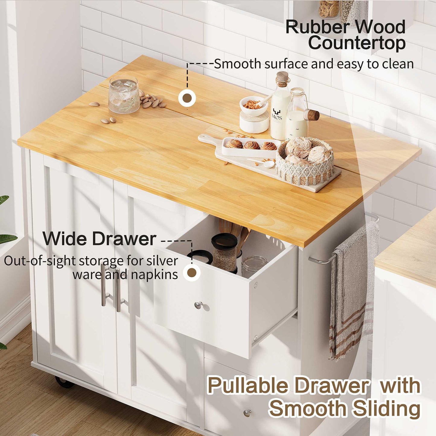 Walsunny Kitchen Island on Wheels with Storage Cabinet & Foldable Drop Leaf, 39.7" Width Rolling Kitchen Table