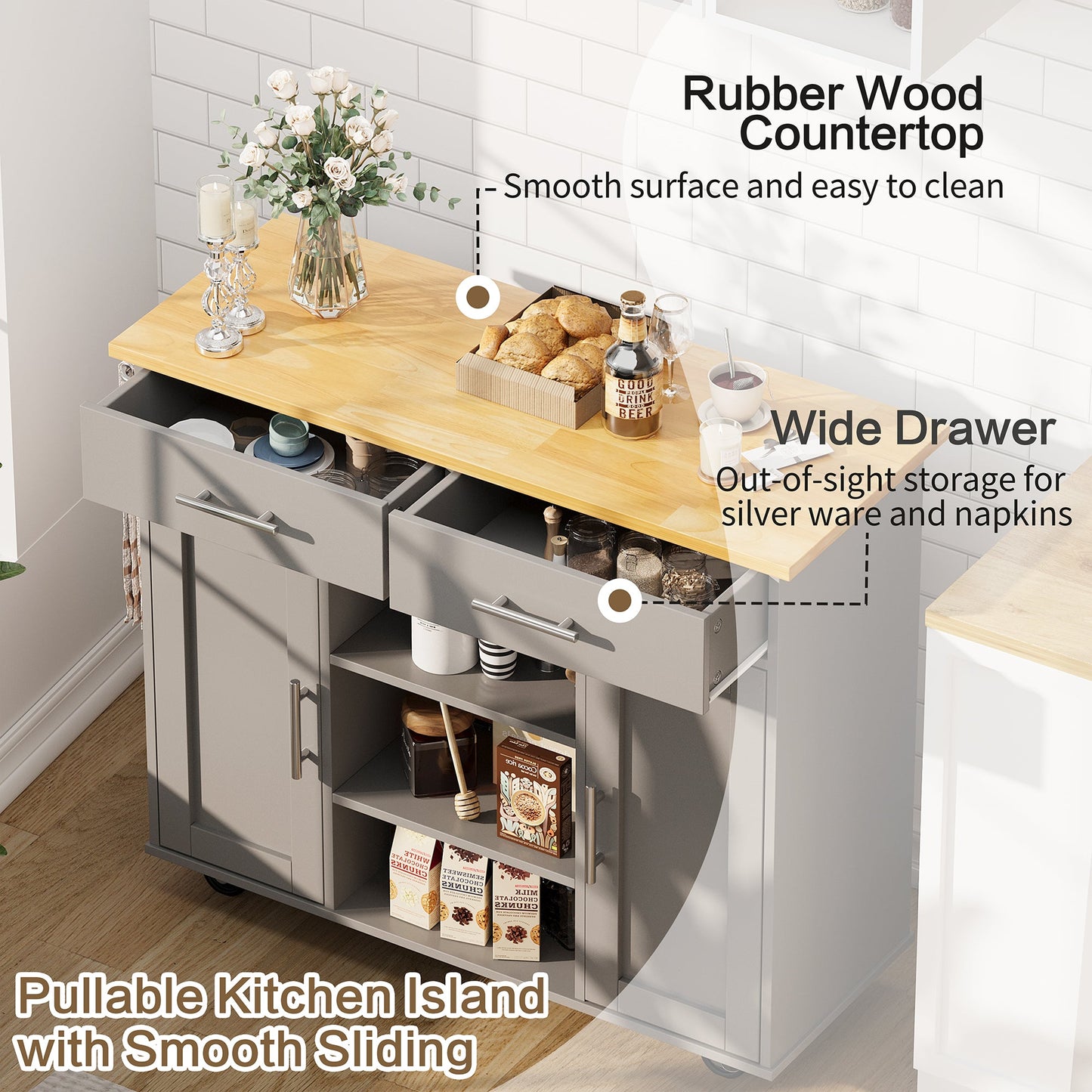 Walsunny 40" Kitchen Islands Carts with Storage Drop Leaf Countertop on Wheels Rolling Microwave Utility Carts with 3 Drawers 1 Storage Cabinets,Brown