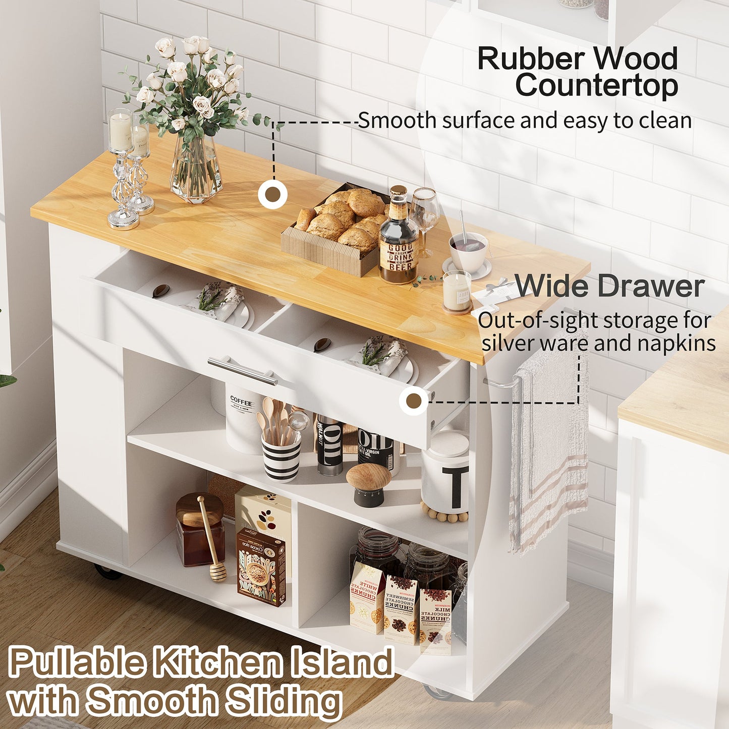Walsunny Kitchen Island on Wheels with Storage Cabinet, Rolling Cart Kitchen Storage Organizer with/3 Side Spice Rack, 2 Tier Open Shelf for Kitchen