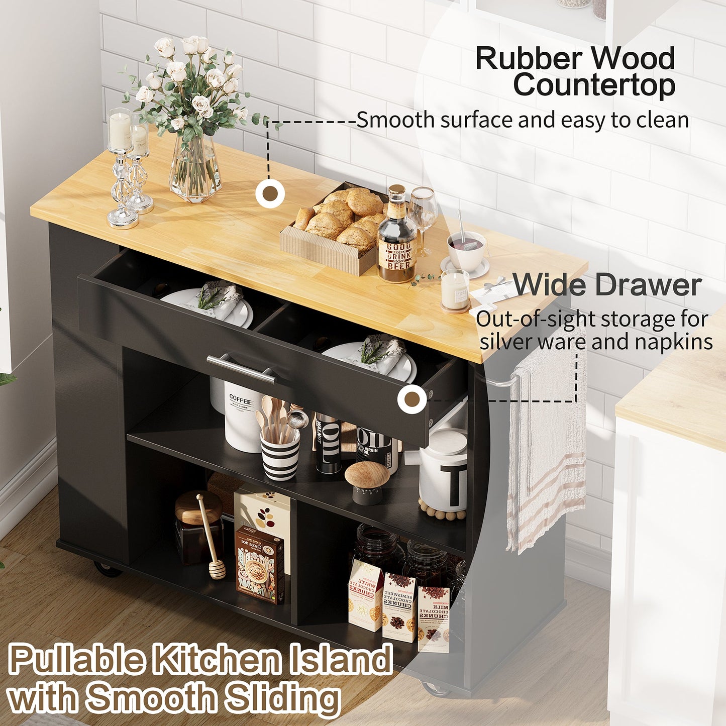 Walsunny Kitchen Island on Wheels with Storage Cabinet, Rolling Cart Kitchen Storage Organizer with/3 Side Spice Rack, 2 Tier Open Shelf for Kitchen