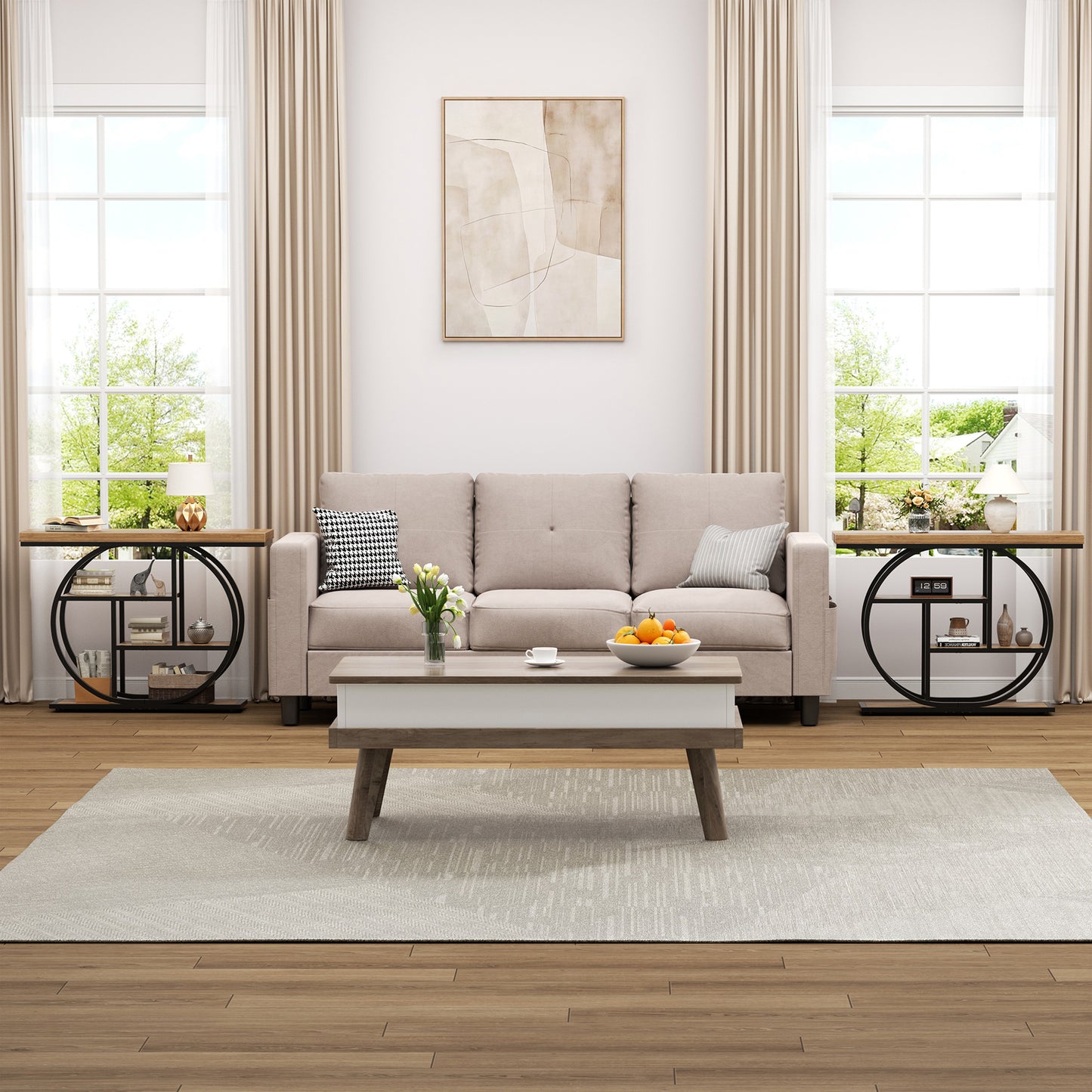 Walsunny Industrial 4-Tier Console Table, Entryway End Table with Circular Metal Frame, Narrow Wood Side Table with Storage Shelves for Living Room, Bedroom