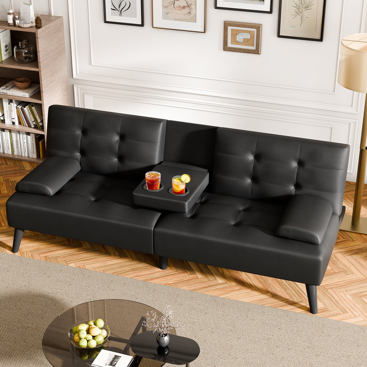 Walsunny 64" Sofa Bed Futon Couches, Folding Loveseat Recliner with 3-Angle Adjustment, Removable Arms 2 Cup Holders for Small Spaces,Gray
