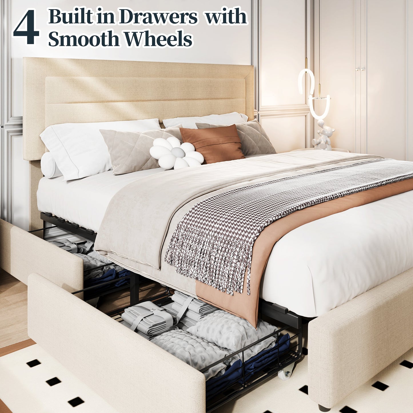 Walsunny Bed Frame with 4 Storage Drawee, Platform Bed with Upholstered Modern Geometric Lines Headboard, Solid Wood Slats Support