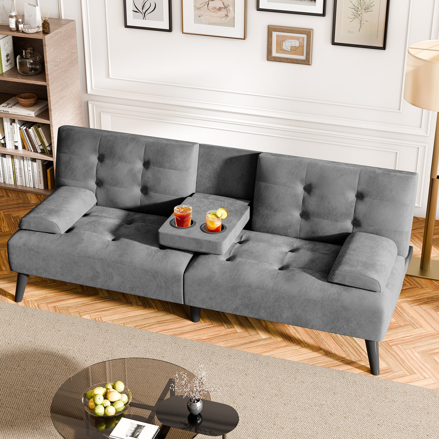 Walsunny Convertible Futon Sofa Bed, Foldable Futon Sleeper Sofa Bed with 2 Cup Holders, Folding Loveseat Recliner with 3-Angle Adjustment Modern Couch for Living Room, Small Space