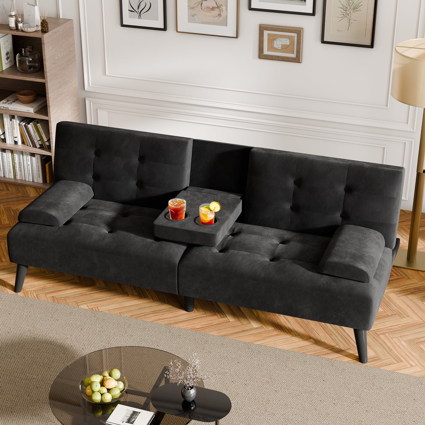 Walsunny Convertible Futon Sofa Bed, Foldable Futon Sleeper Sofa Bed with 2 Cup Holders, Folding Loveseat Recliner with 3-Angle Adjustment Modern Couch for Living Room, Small Space