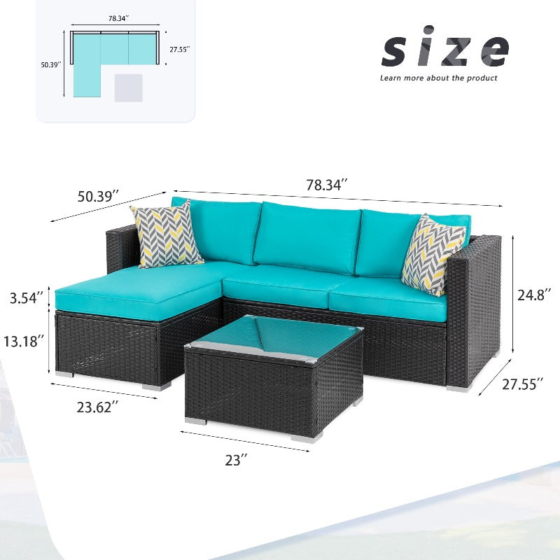 Walsunny Patio Furniture 3 Pieces Outdoor Sectional Sofa Set With Chaise, Black Wicker#color_blue