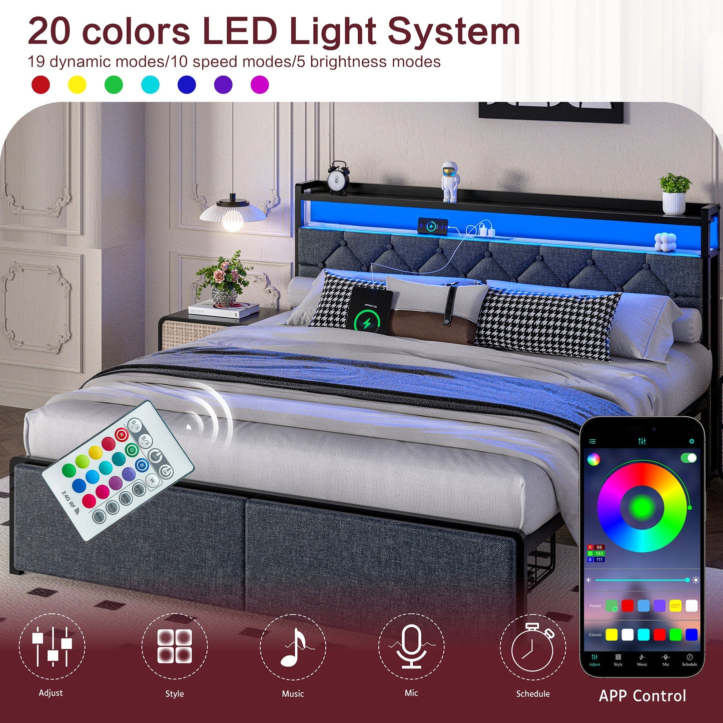 Walsunny Bed Frame with Led Light and Drawers Metal Platform Bed with Button Tufted Headboard Strong Metal Slats