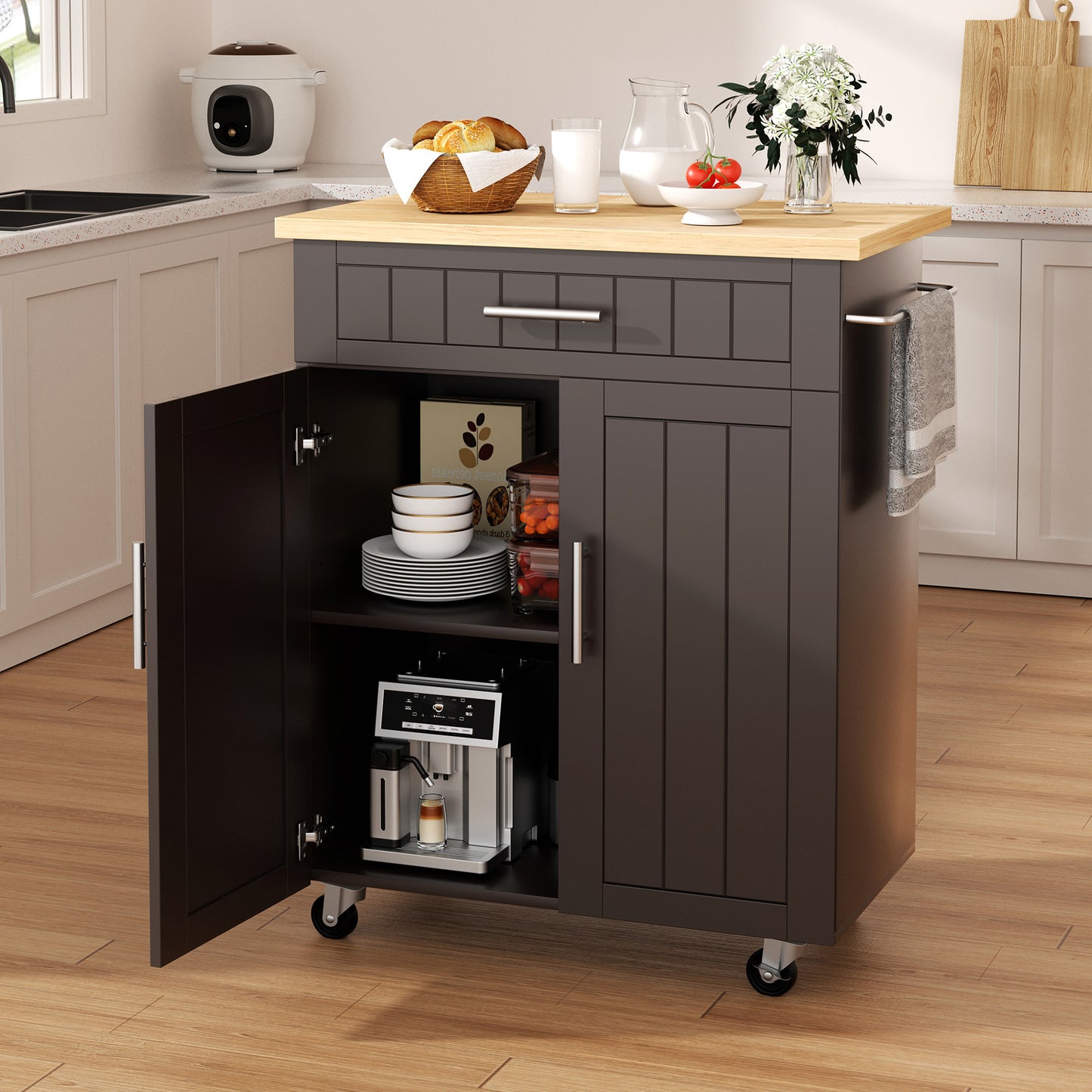 Walsunny Kitchen Island Cart on Wheels, Kitchen Cart with Drawer and Countertop, 2 Doors Storage Cabinet for Dining Room Living Room, Black