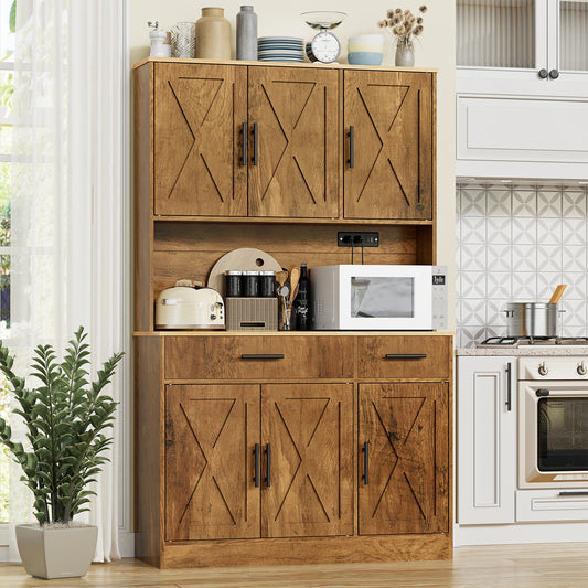 Walsunny 70"Tall Kitchen Pantry,Storage Cabinet with 41"Wide Countertop and Built-in Power Outlet,Freestanding Cupboard with Adjustable Shelves Microwave Stand for Dining Room,Kitchen