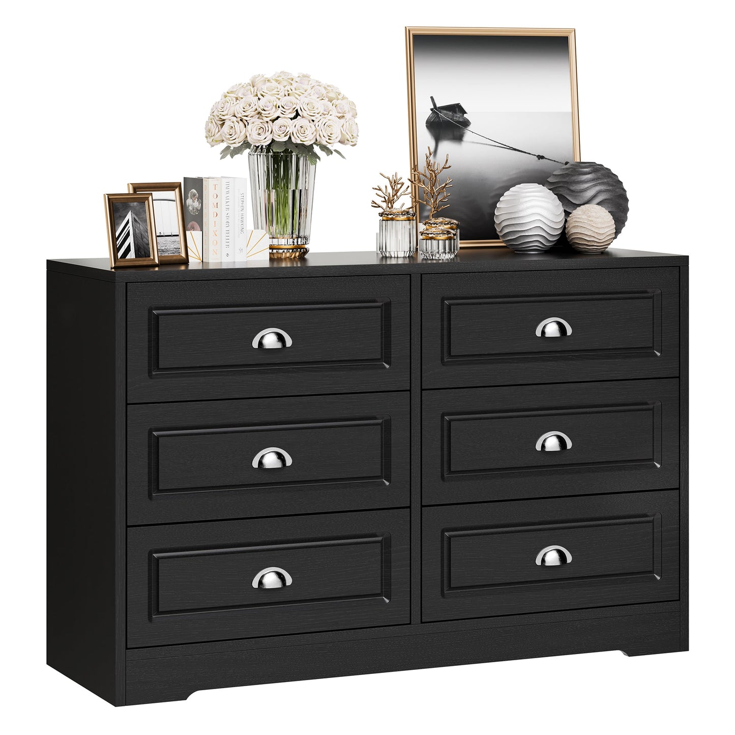 Walsunny 9 Drawer Double Dresser Black Wooden Wide Chest of Drawers with Metal Handles Storage Organizer Dresser Nursery Dresser for Living Room Hallway