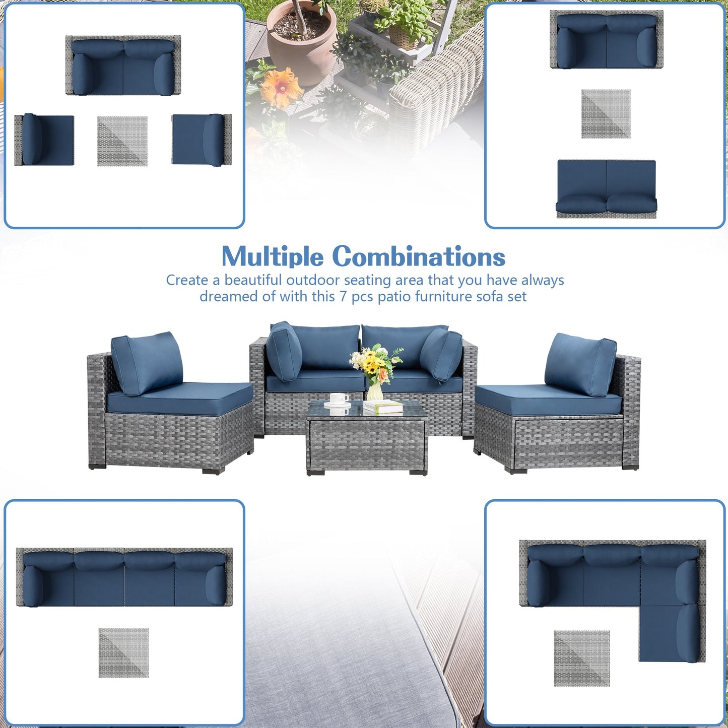 Walsunny Patio Furniture 5 Pieces Outdoor Sectional Sofa Set, Silver Wicker #color_aegean-blue