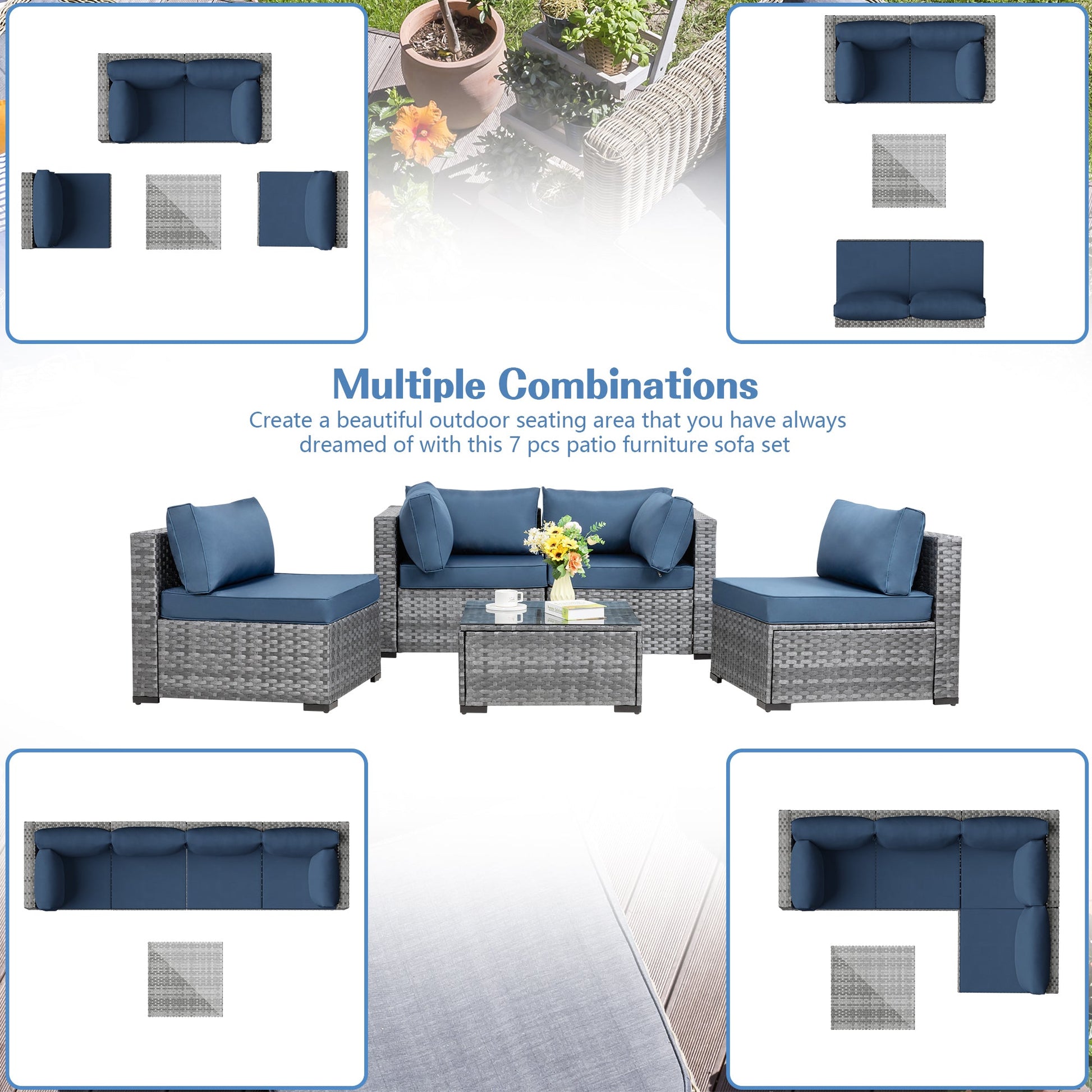 Walsunny Patio Furniture 5 Pieces Outdoor Sectional Sofa Set, Silver Wicker #color_aegean-blue