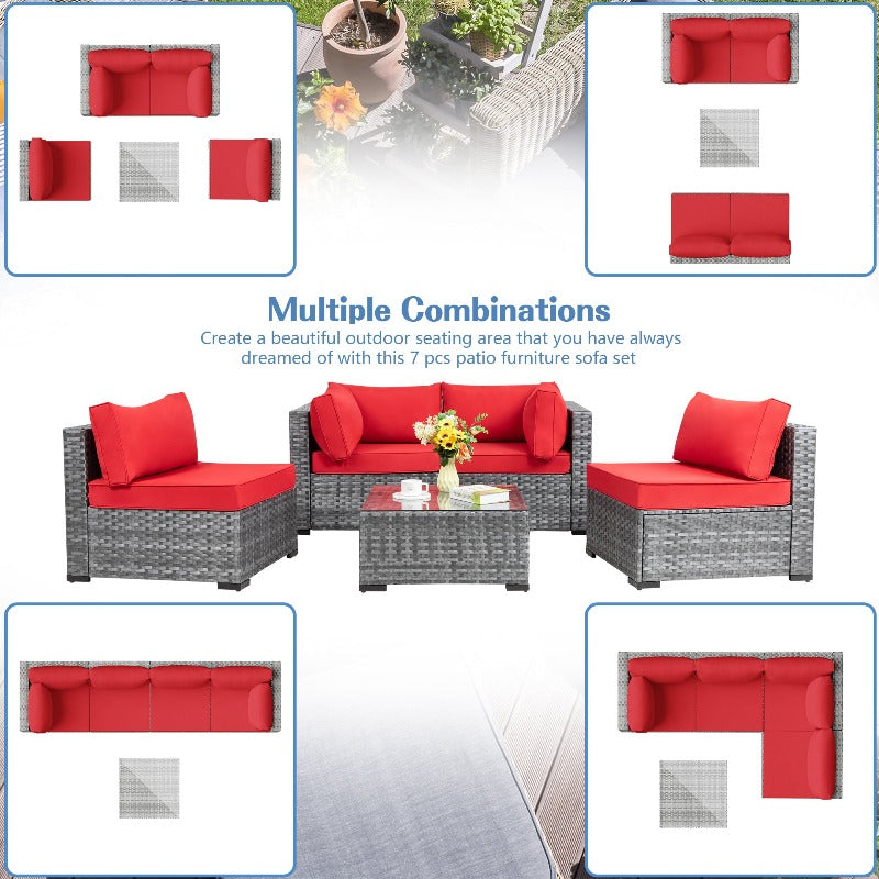 Walsunny Patio Furniture 5 Pieces Outdoor Sectional Sofa Set, Silver Wicker#color_red