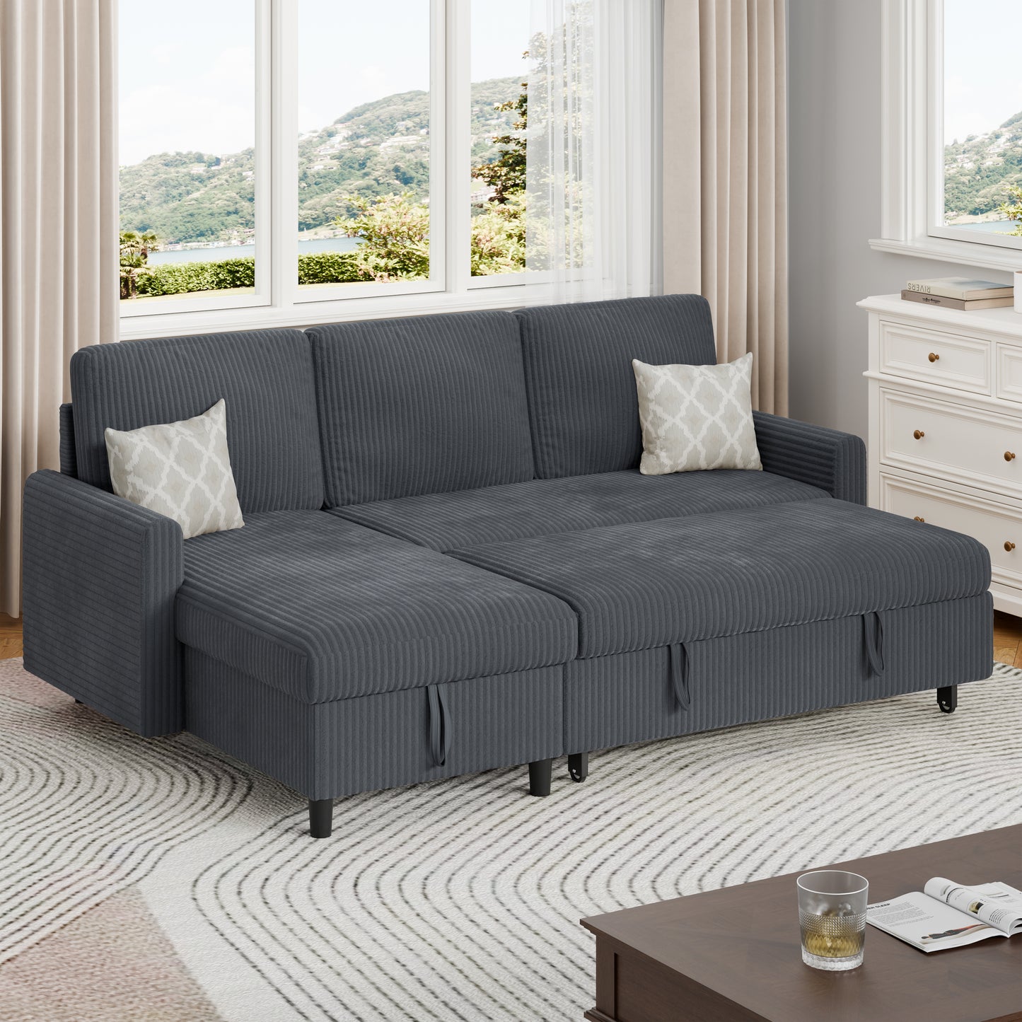 Walsunny Sectional Sofa Couch Bed Storage Chaise Sleeper Pull Out Sofa Couch for Living Room Deep Gray