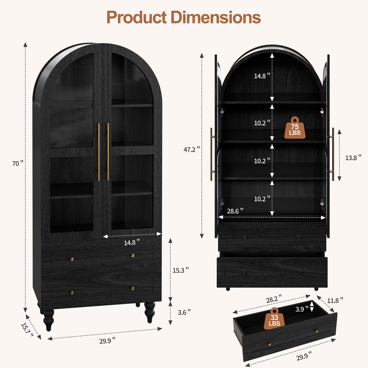 Walsunny Arched Freestanding Bathroom Storage Cabinet with Drawers Glass Doors, Wooden Tall Cabinet with Shelves, Space-Saving Organizer for Bathroom