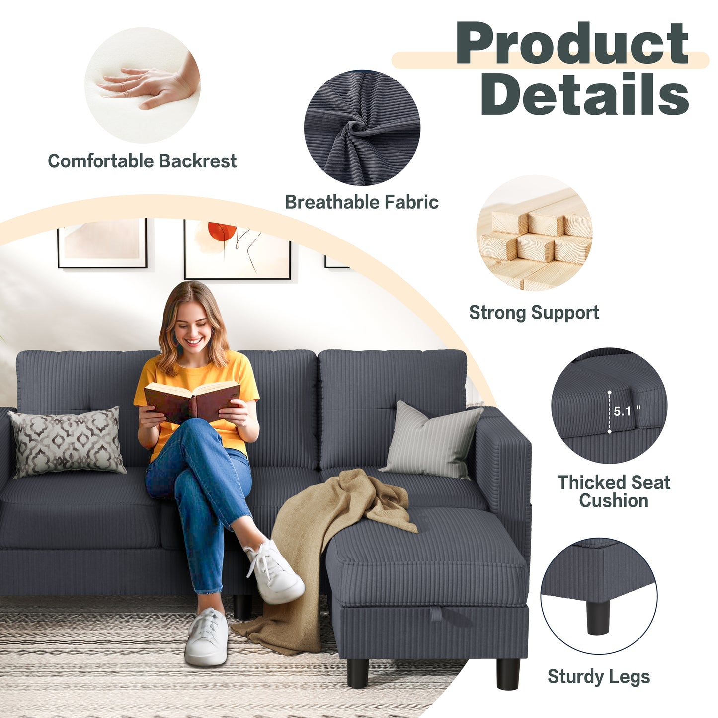 Walsunny 3-Seat L Shaped Modern Sectional Sofa with Storage Ottoman and Side Pockets US80