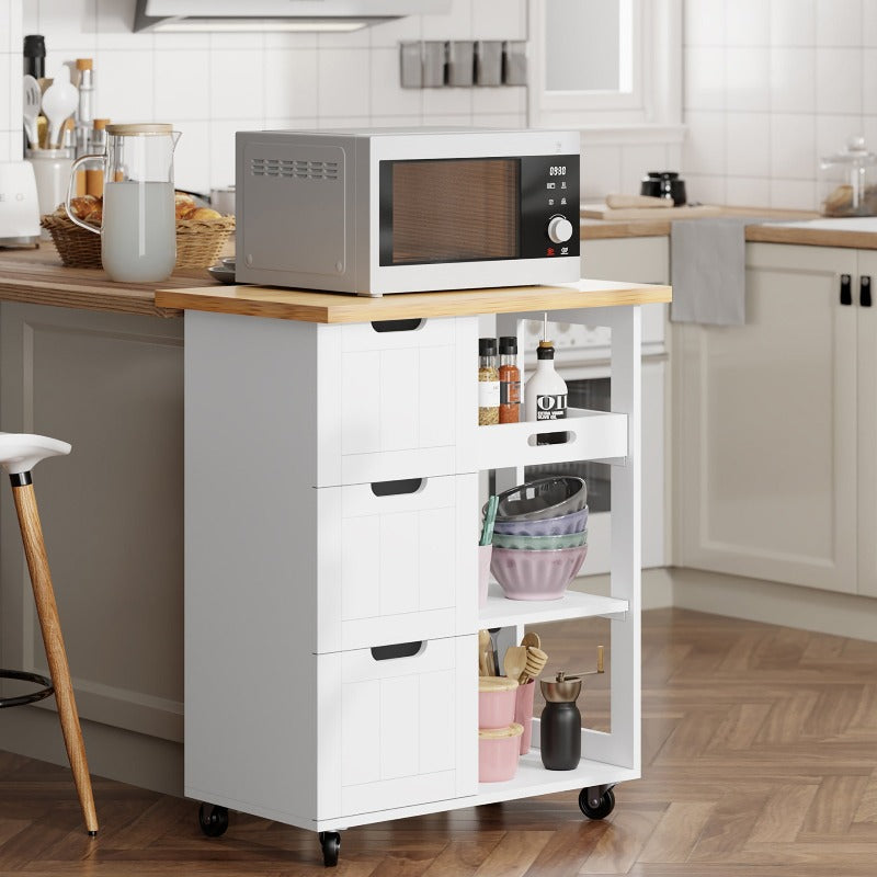 Walsunny 26.57‘’ Rolling Kitchen Island Storage & Bar Cart with Solid Wood Top#color_white