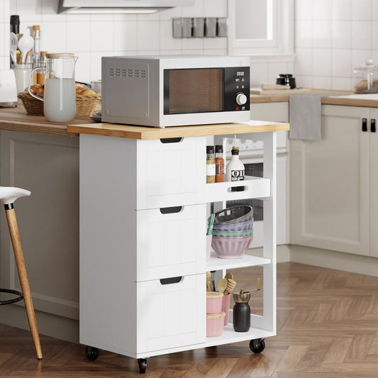 Walsunny 26.57‘’ Rolling Kitchen Island Storage & Bar Cart with Solid Wood Top#color_white