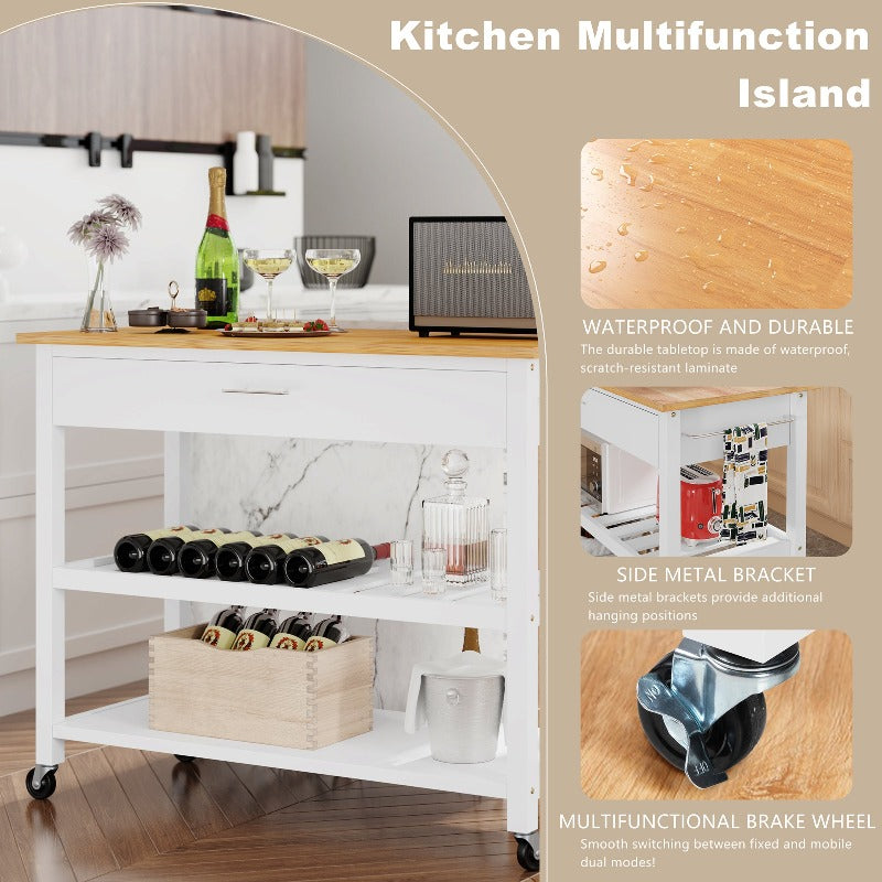 Walsunny 40‘’ Kitchen Island Storage & Bar Cart with Solid Wood Top#color_white