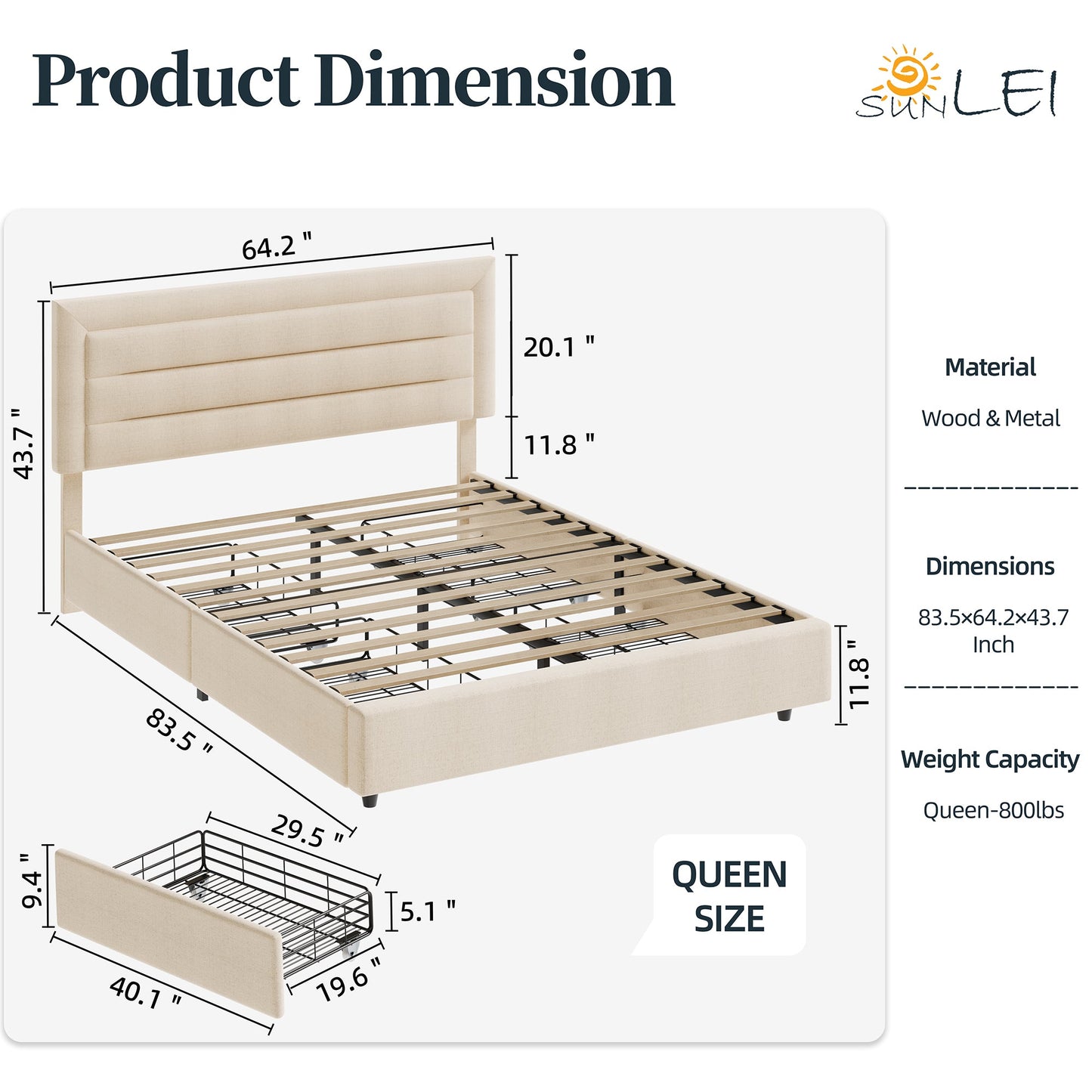 Walsunny Bed Frame with 4 Storage Drawee, Platform Bed with Upholstered Modern Geometric Lines Headboard, Solid Wood Slats Support