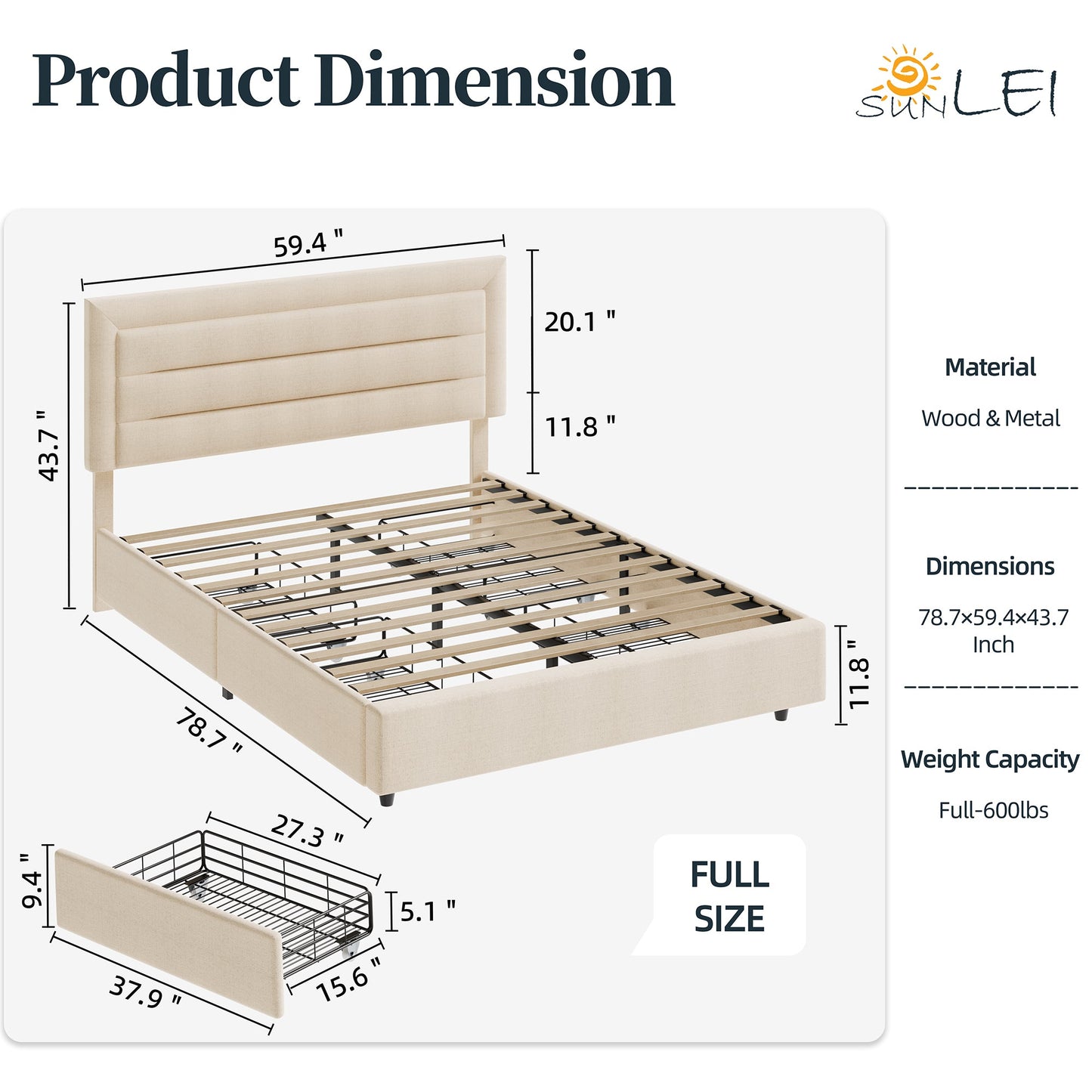 Walsunny Bed Frame with 4 Storage Drawee, Platform Bed with Upholstered Modern Geometric Lines Headboard, Solid Wood Slats Support