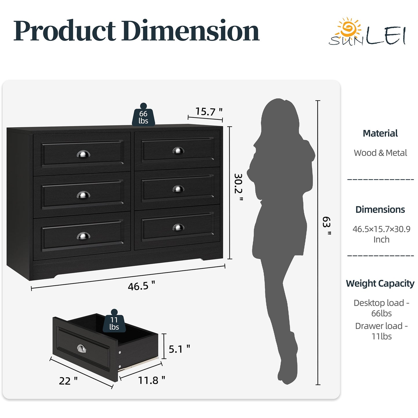Walsunny 9 Drawer Double Dresser Black Wooden Wide Chest of Drawers with Metal Handles Storage Organizer Dresser Nursery Dresser for Living Room Hallway