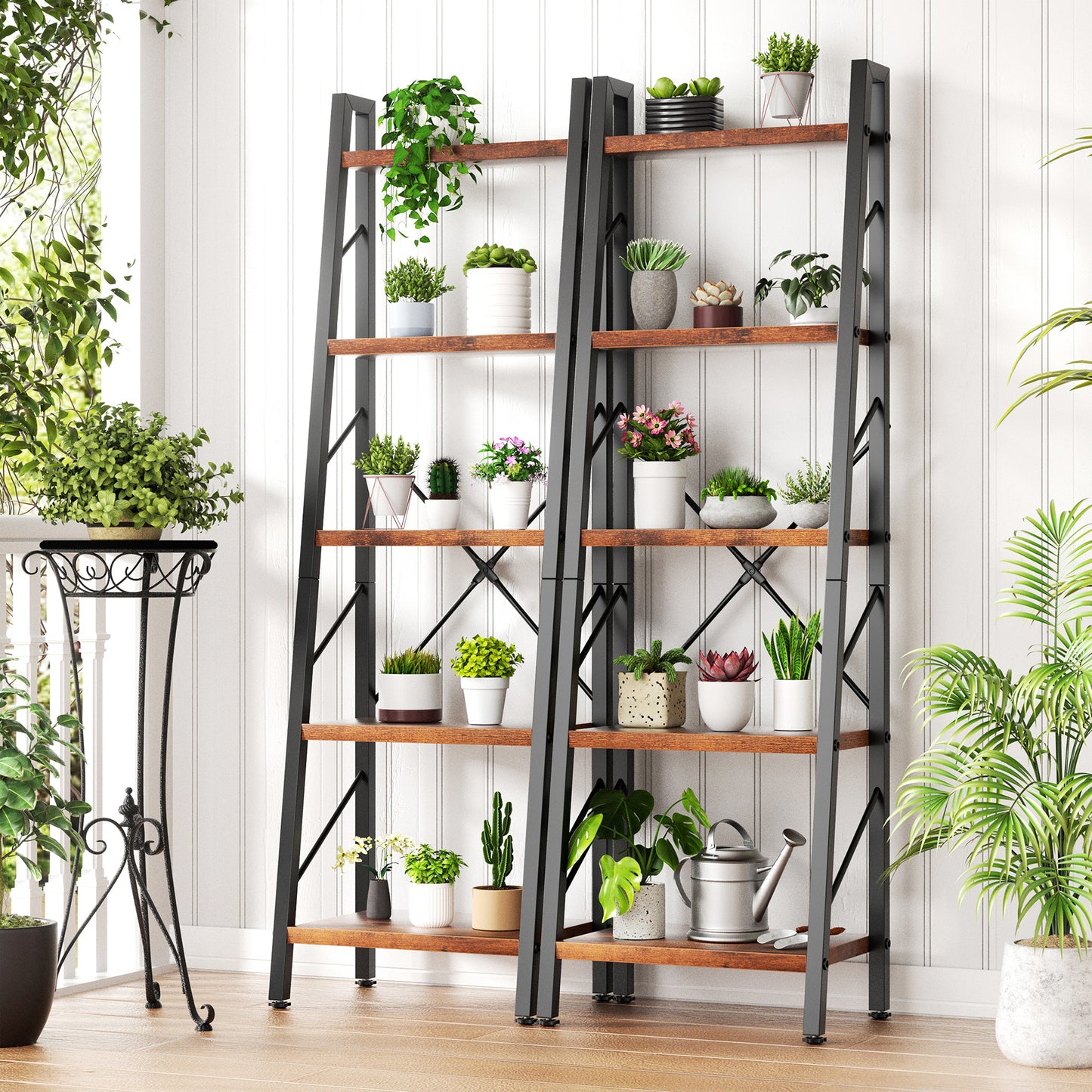 Walsunny Ladder Bookshelf Organizer, Solid Rubberwood Frame, Espresso Finish