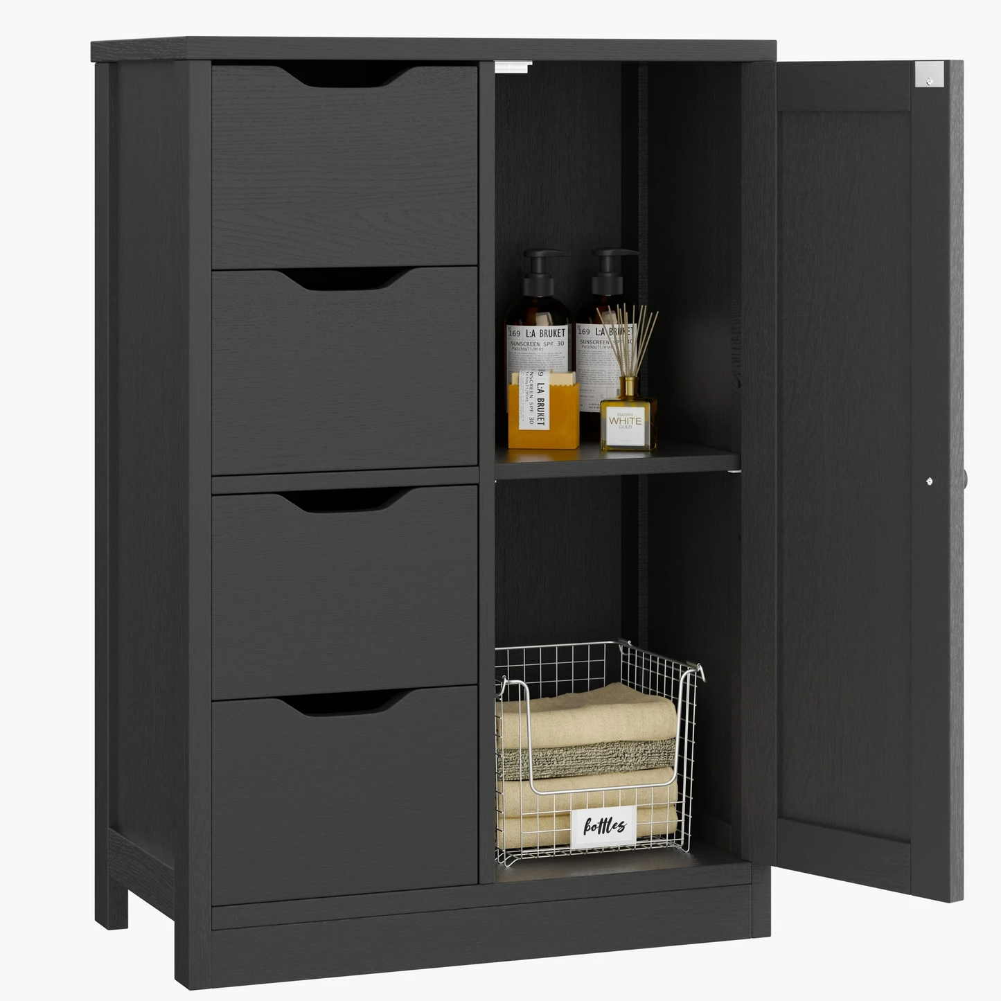 Walsunny Bathroom Floor Storage Cabinet, Wooden Storage Organizer with 4 Drawers and 1 Door, Freestanding Pantry Cabinet with Adjustable Shelves for Bathroom, Living Room, Kitchen, Entryway, Grey