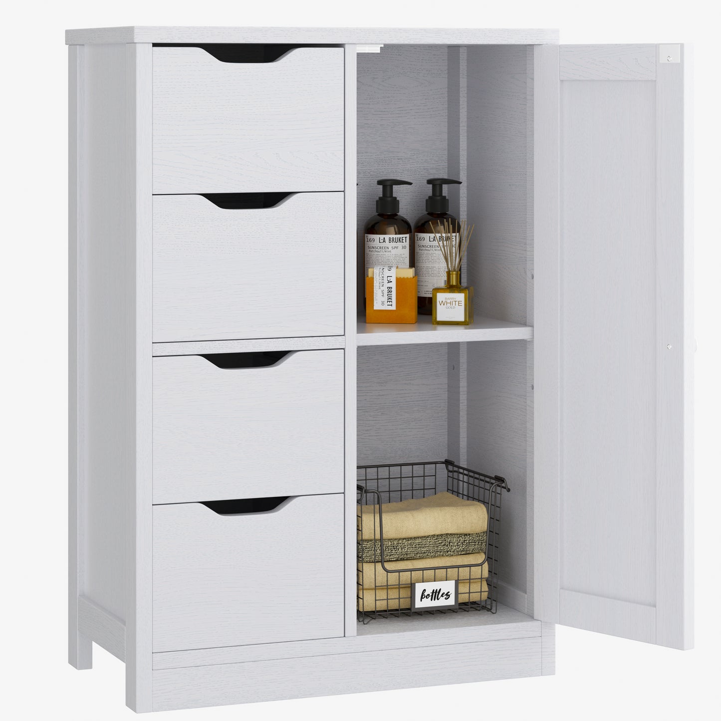 Shintenchi Bathroom Floor Storage Cabinet, Wooden Storage Organizer with 4 Drawers and 1 Cupboard, Freestanding Bathroom Furniture, Home Storage Unit with Adjustable Shelf