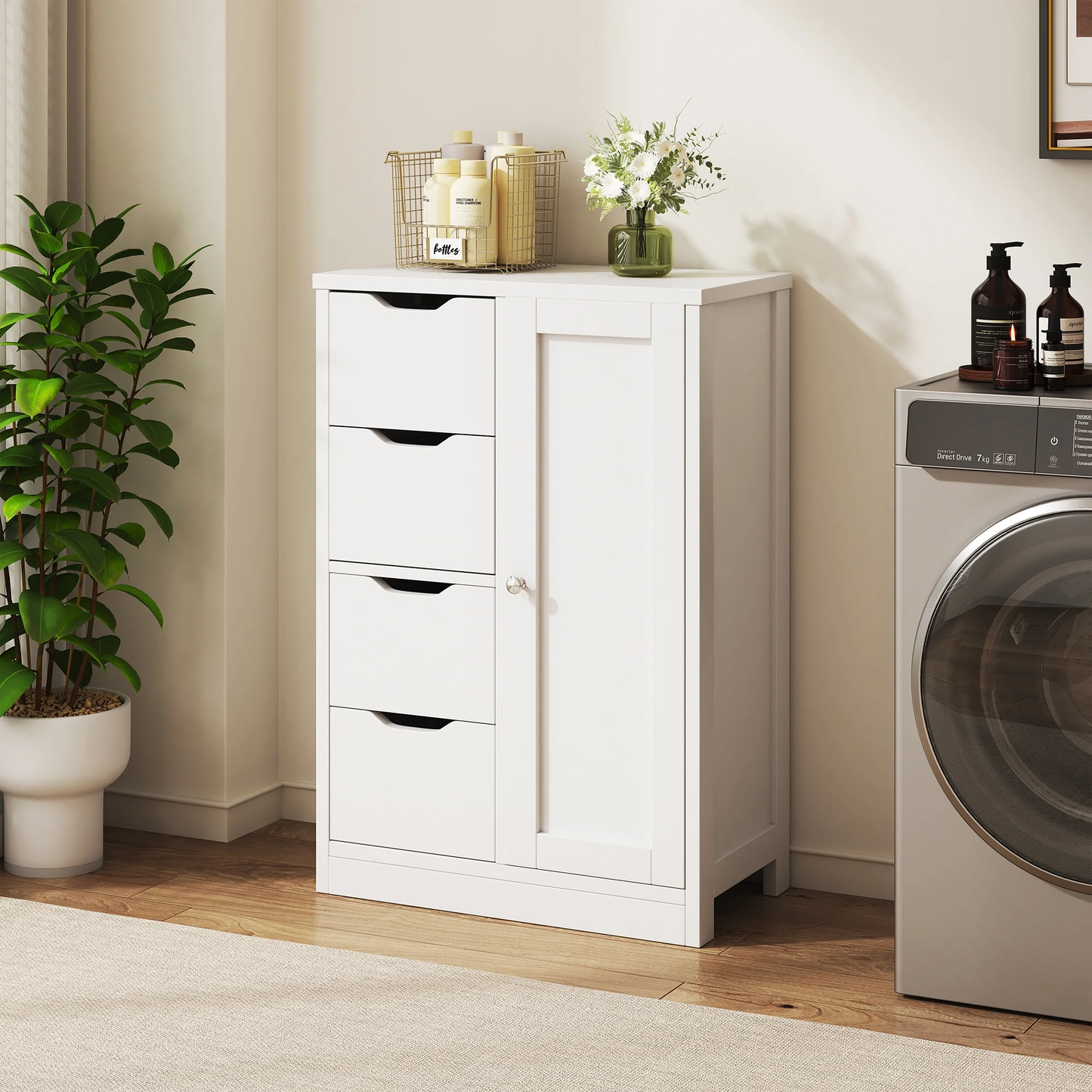 Walsunny Bathroom Floor Storage Cabinet, Wooden Storage Organizer with 4 Drawers and 1 Door, Freestanding Pantry Cabinet with Adjustable Shelves for Bathroom, Living Room, Kitchen, Entryway, Grey