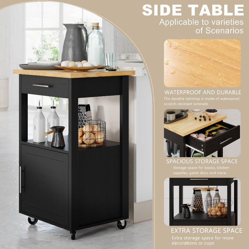 Walsunny 21.65‘’ Rolling Kitchen Island With Solid Wood Top#color_black