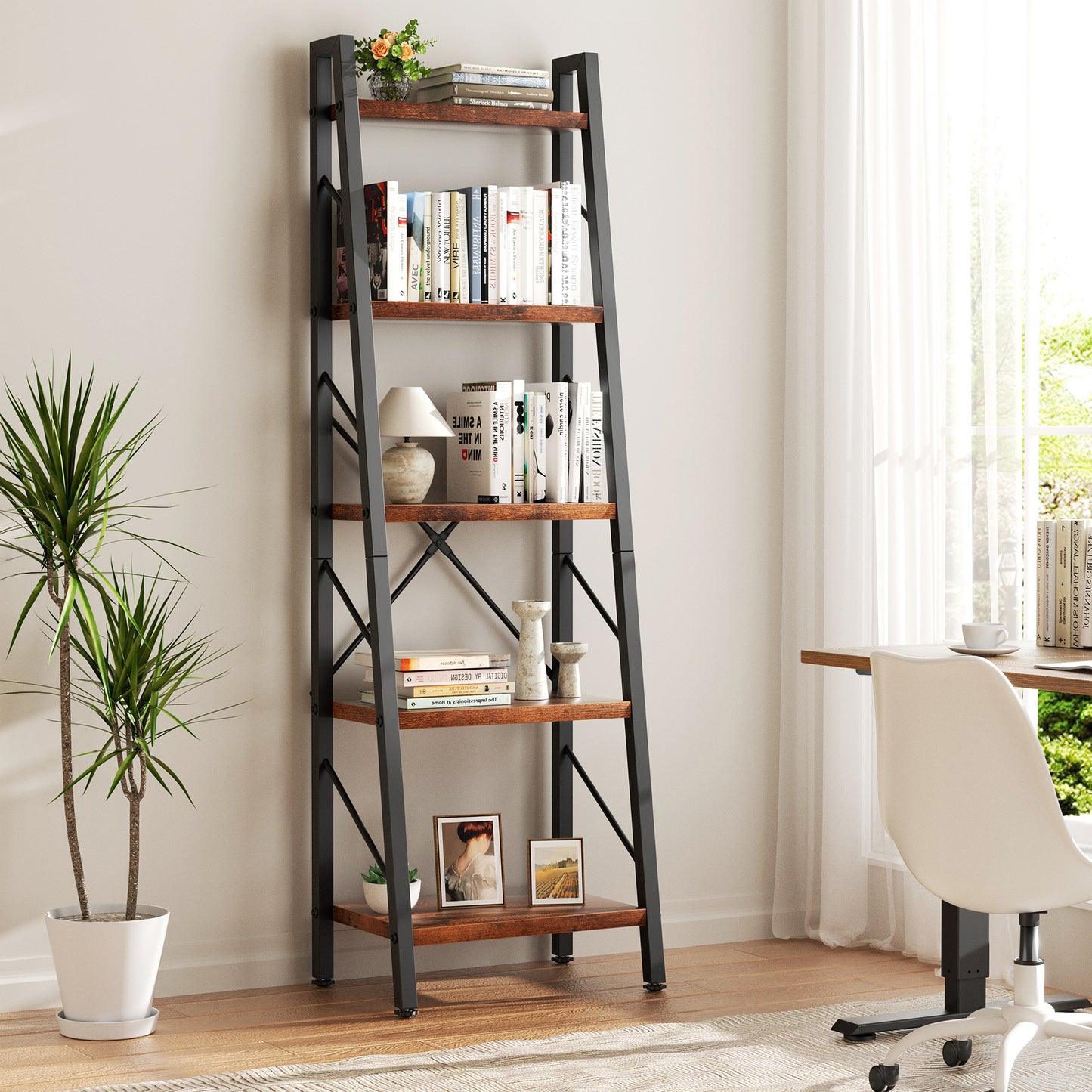 Walsunny Ladder Bookshelf Organizer, Solid Rubberwood Frame, Espresso Finish