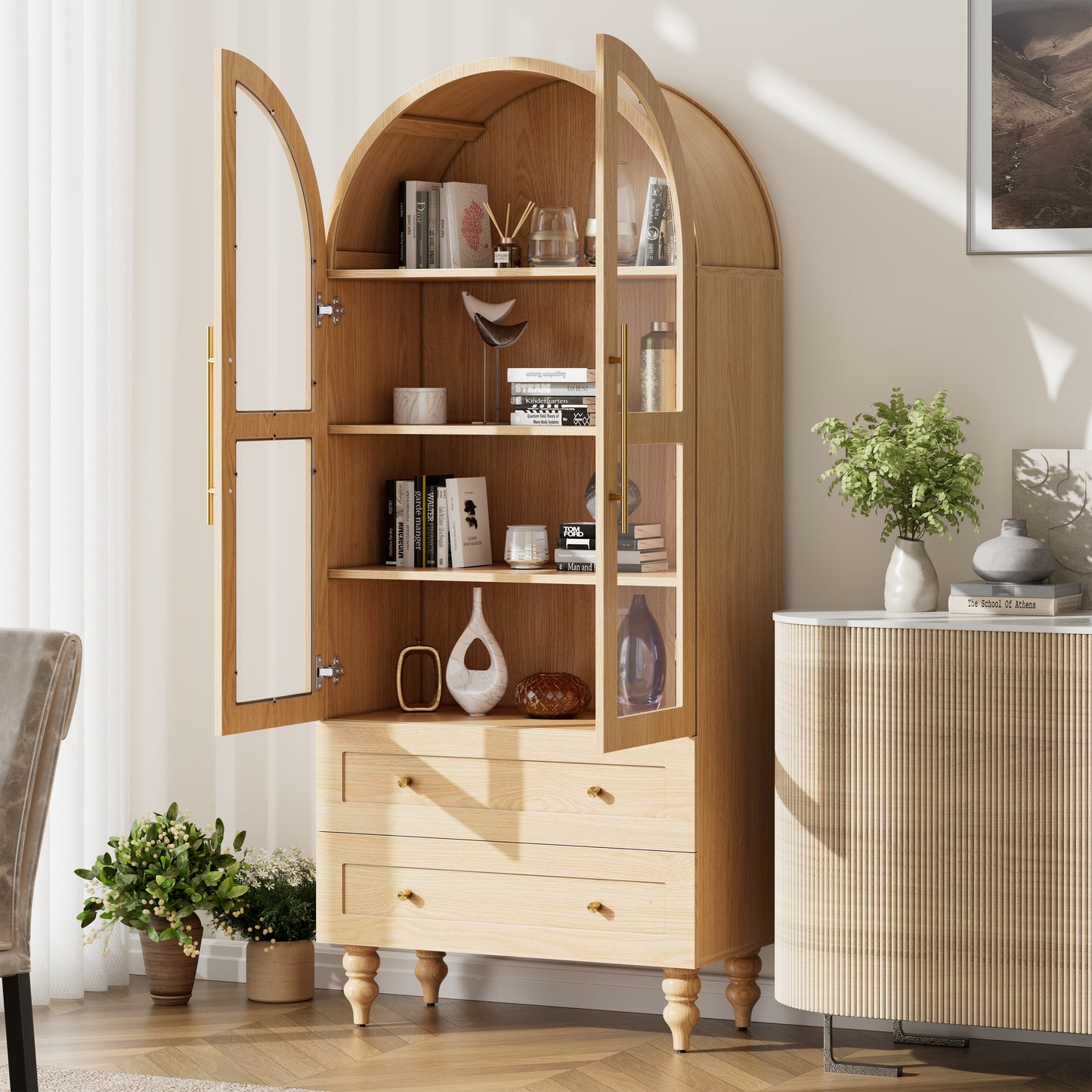 Walsunny 70"Tall Arched Kitchen Pantry,Storage Cabinet with Glass Doors and Adjustable Shelves,Freestanding Kitchen Hutch Cabinet for Dining Room,Living Room,Reading Room