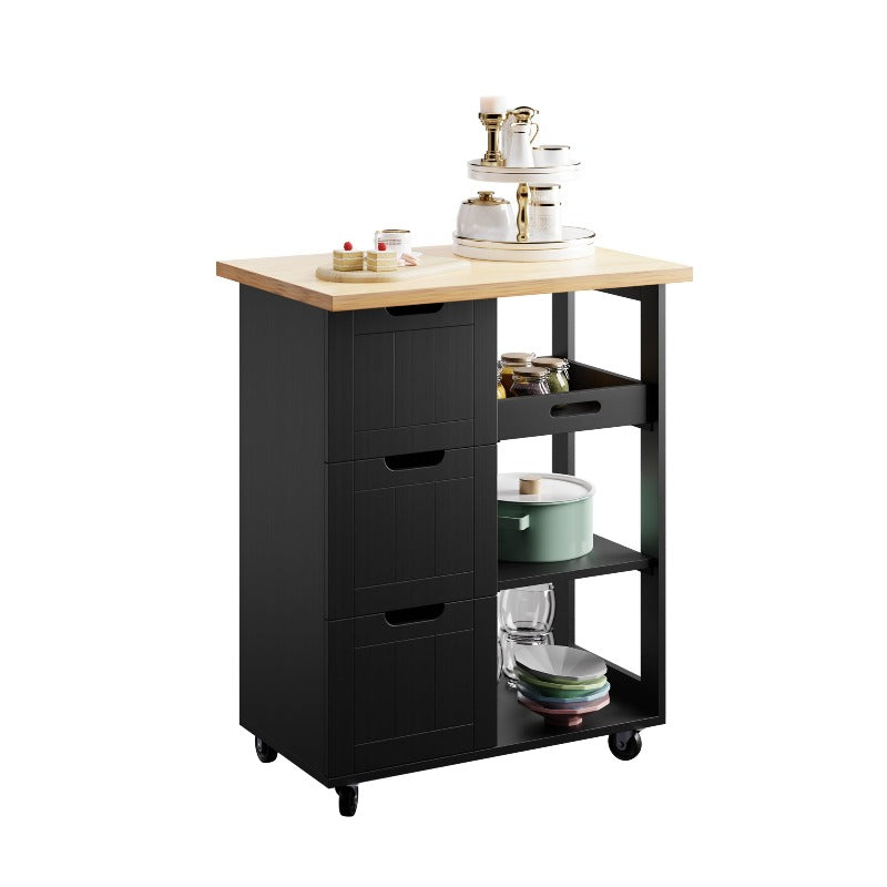 Walsunny 26.57‘’ Rolling Kitchen Island Storage & Bar Cart with Solid Wood Top#color_black