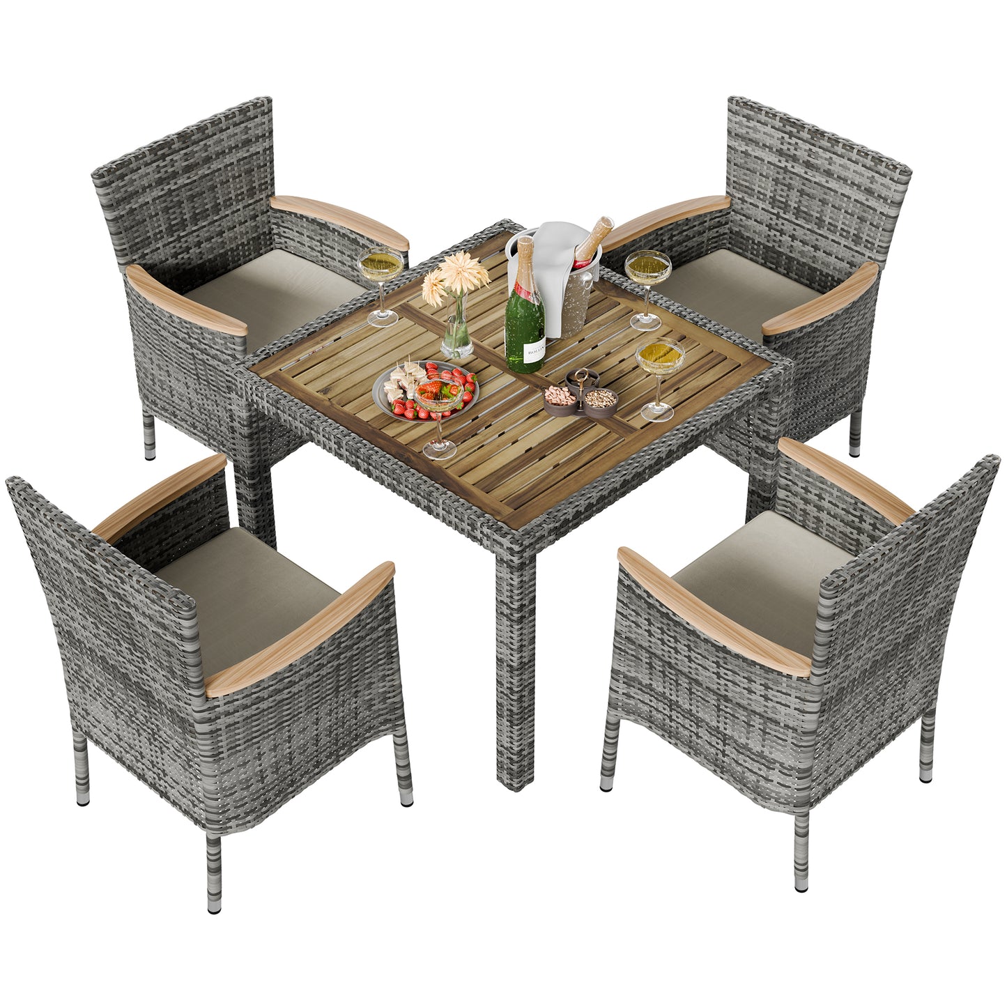 Walsunny 7 Pieces Outdoor Patio Dining Set, Wicker Patio Furniture Set with Wood Table and 6 Chairs with Soft Cushions Grey