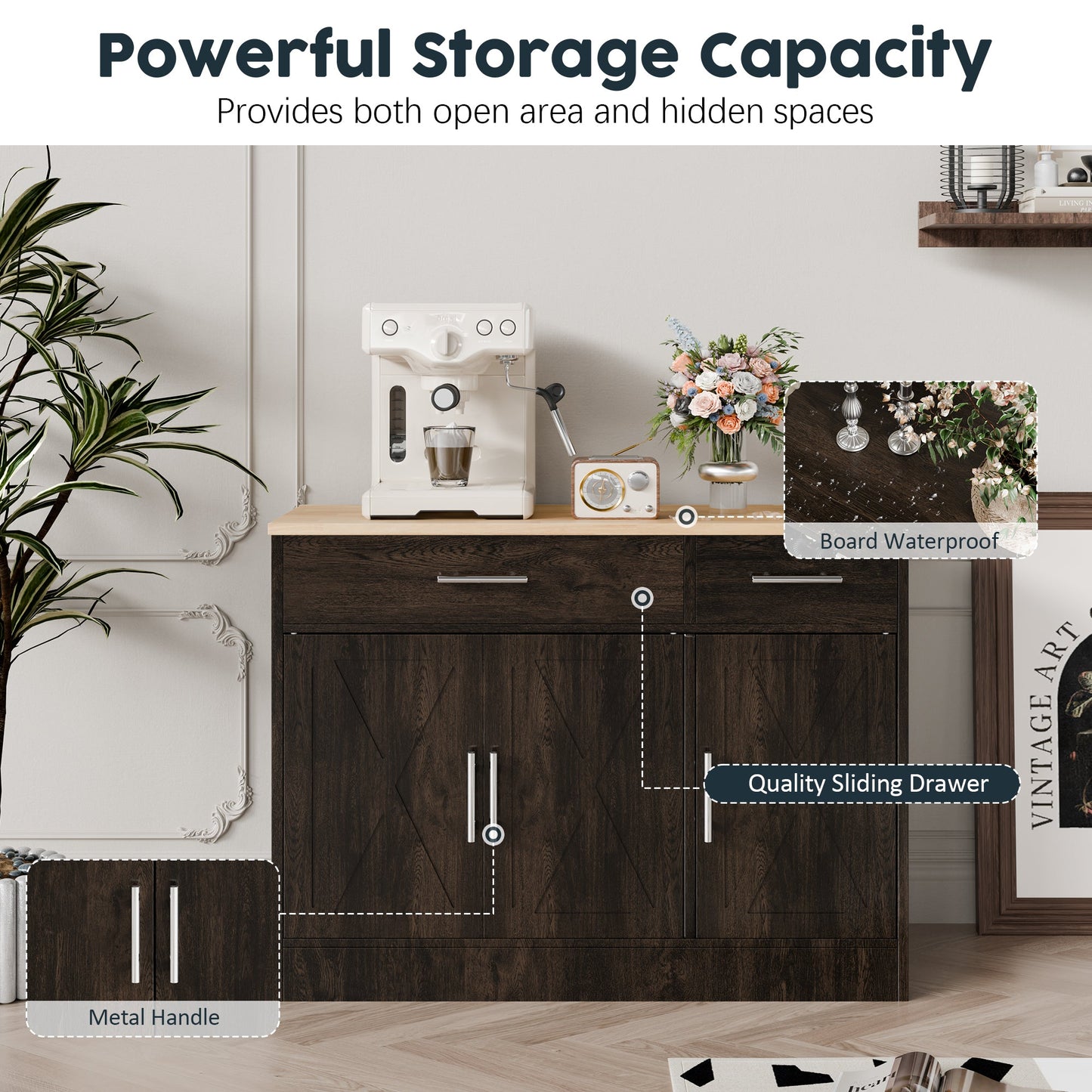 Walsunny Kitchen Buffet Sideboard Cabinet with Adjustable Shelf,Wooden Storage Cabinet with 3 Doors and 2 Drawers,Modern Farmhouse Coffee Bar Cabinet with Storage for Kitchen/Living Room
