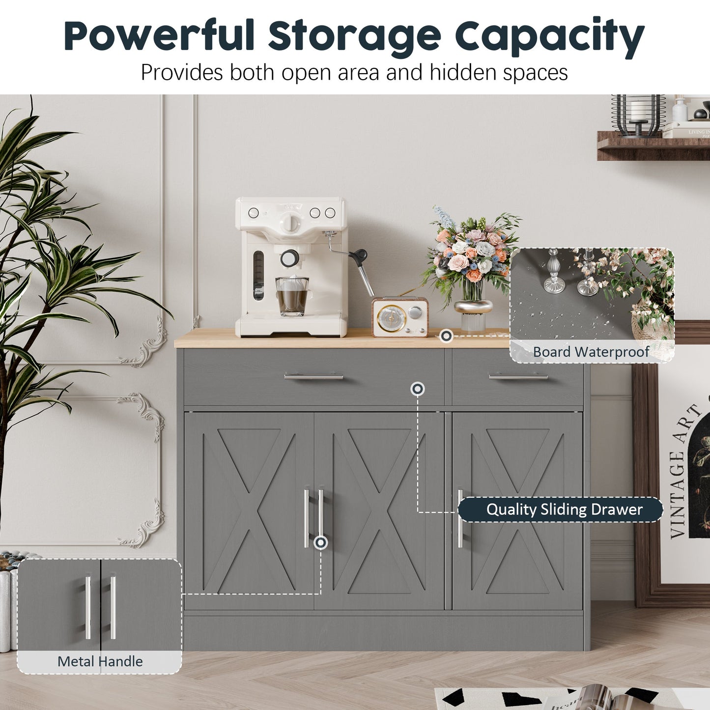 Walsunny Kitchen Buffet Sideboard Cabinet with Adjustable Shelf,Wooden Storage Cabinet with 3 Doors and 2 Drawers,Modern Farmhouse Coffee Bar Cabinet with Storage for Kitchen/Living Room