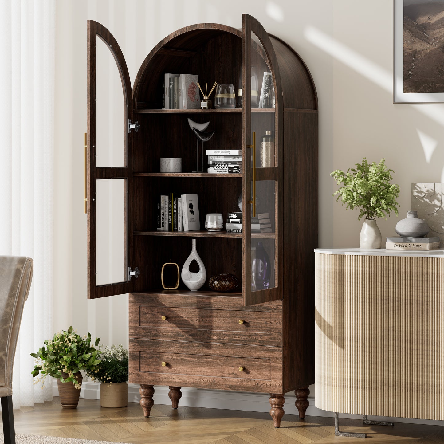 Walsunny 70"Tall Arched Kitchen Pantry,Storage Cabinet with Glass Doors and Adjustable Shelves,Freestanding Kitchen Hutch Cabinet for Dining Room,Living Room,Reading Room