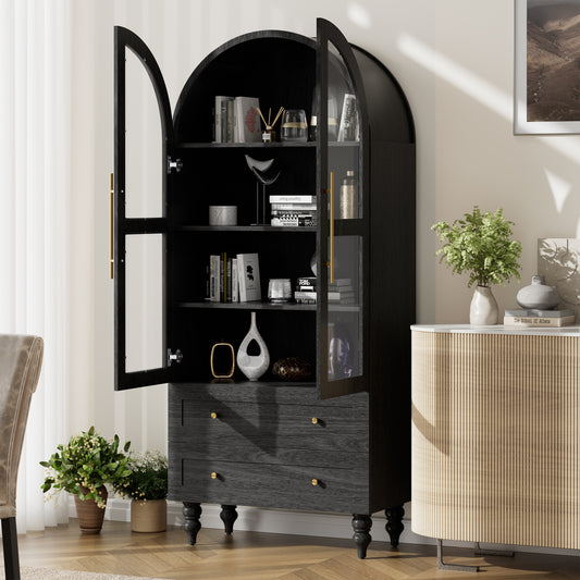 Walsunny 70"Tall Arched Kitchen Pantry,Storage Cabinet with Glass Doors and Adjustable Shelves,Freestanding Kitchen Hutch Cabinet for Dining Room,Living Room,Reading Room