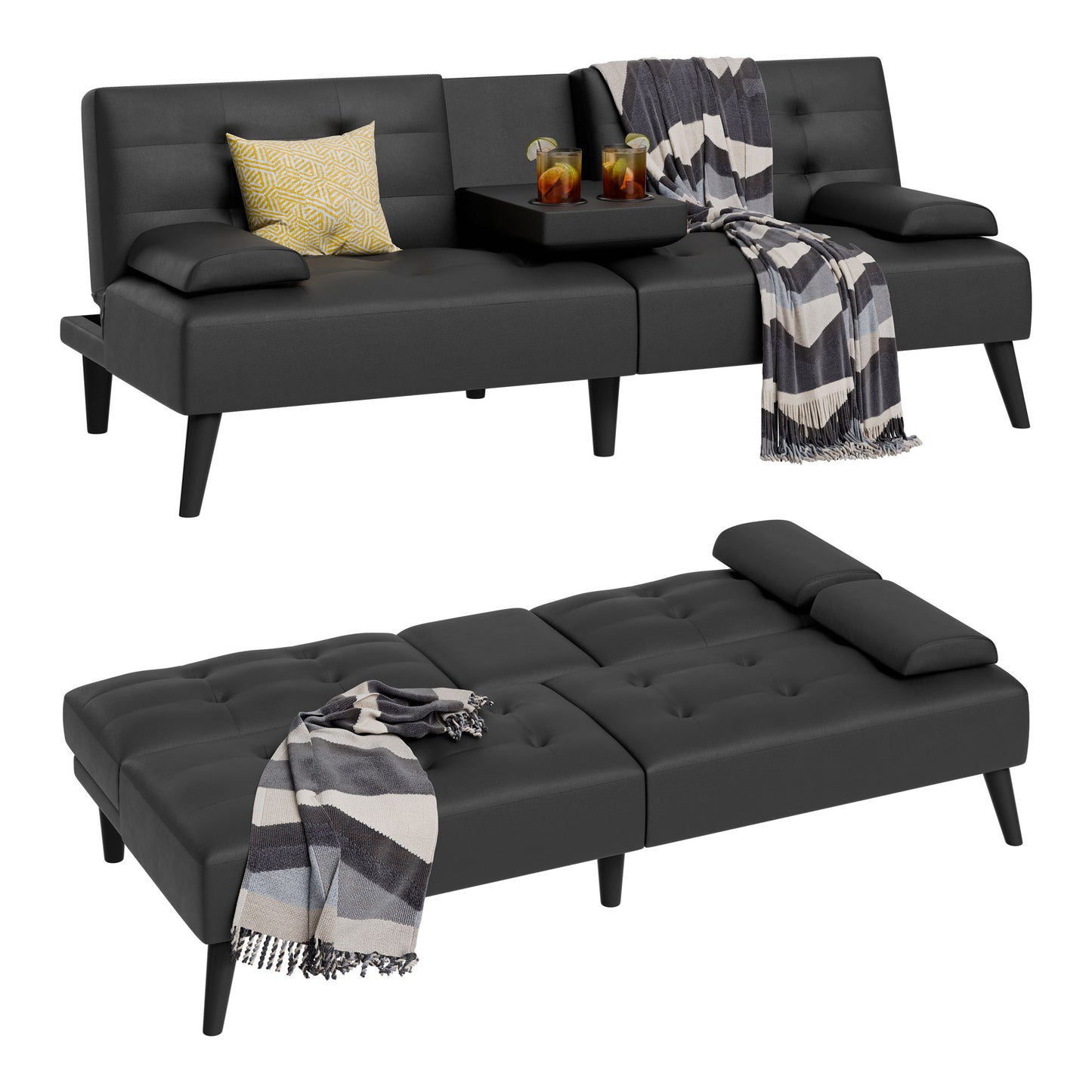 Walsunny Leather Convertible Futon Sofa Bed with 3-Angle Adjustable Split Back, Loveseat Sleeper Sofa Couch for Small Spaces & Guest Rooms, Black