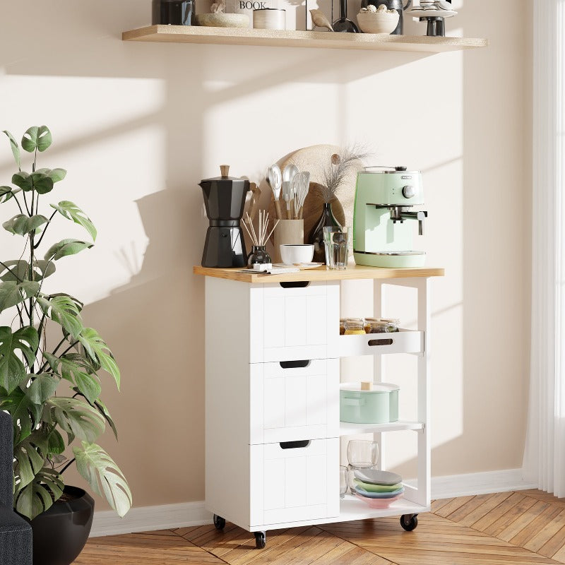 Walsunny 26.57‘’ Rolling Kitchen Island Storage & Bar Cart with Solid Wood Top#color_white