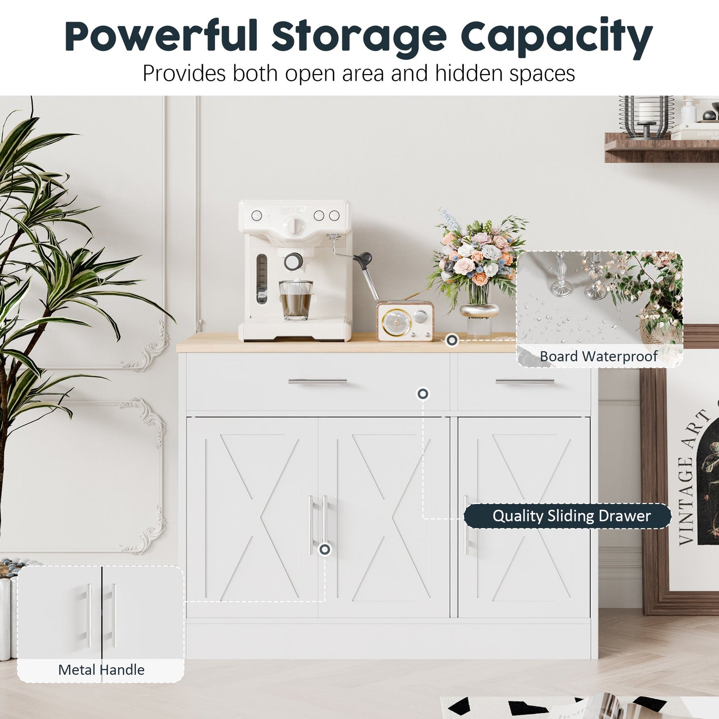 Walsunny Kitchen Buffet Sideboard Cabinet with Adjustable Shelf,Wooden Storage Cabinet with 3 Doors and 2 Drawers,Modern Farmhouse Coffee Bar Cabinet with Storage for Kitchen/Living Room