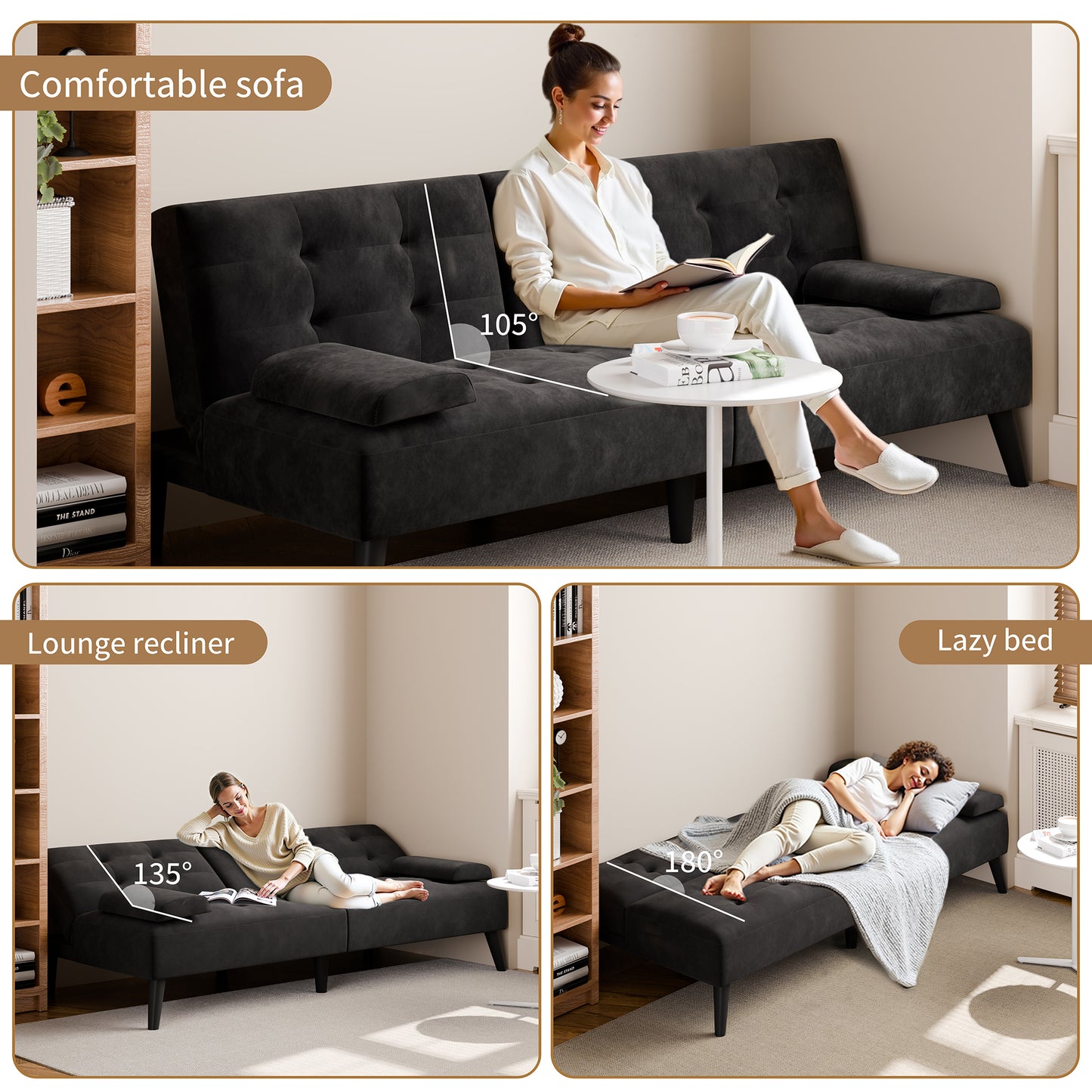 Walsunny Futon Sofa Bed with Hidden Cup Holders, Modern Convertible Folding Futon Couch with 3-Angle Adjustment for Living Room, Small Space
