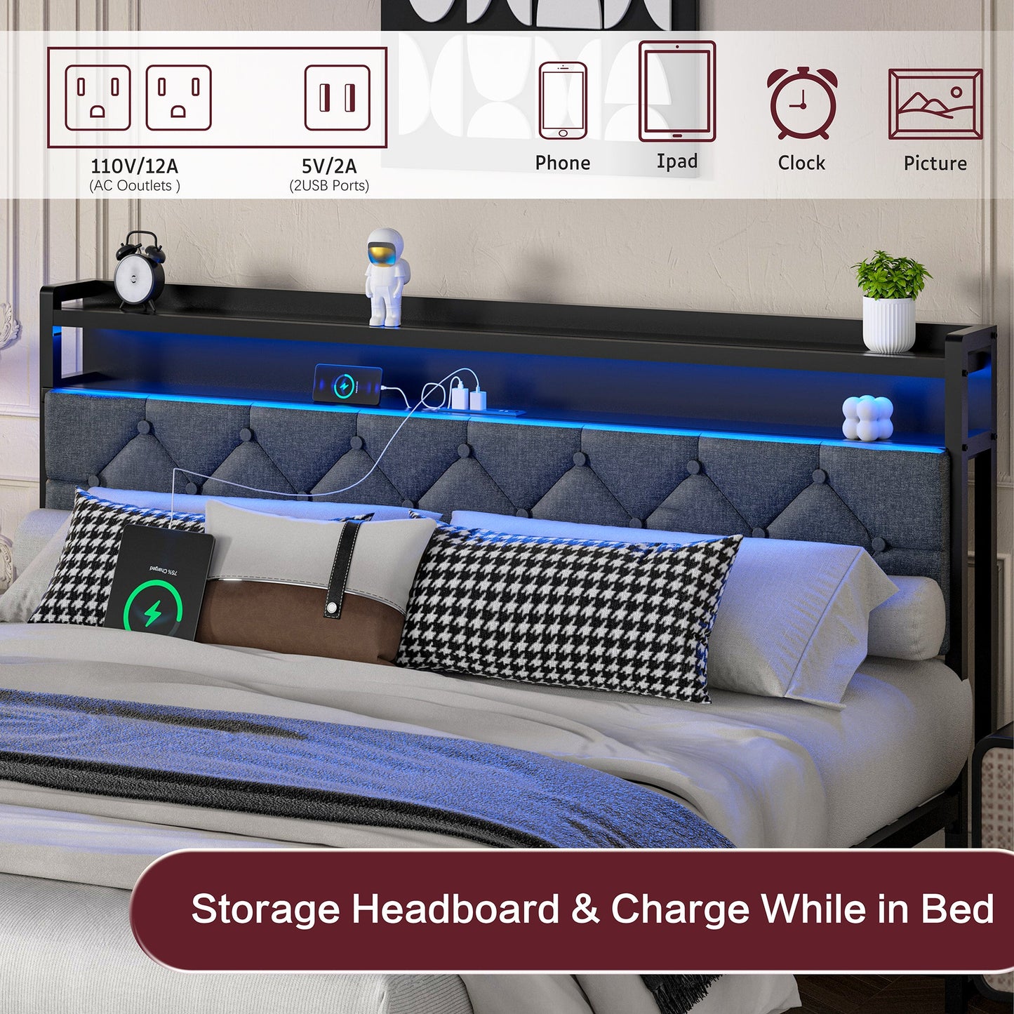 Walsunny Bed Frame with Led Light and Drawers Metal Platform Bed with Button Tufted Headboard Strong Metal Slats