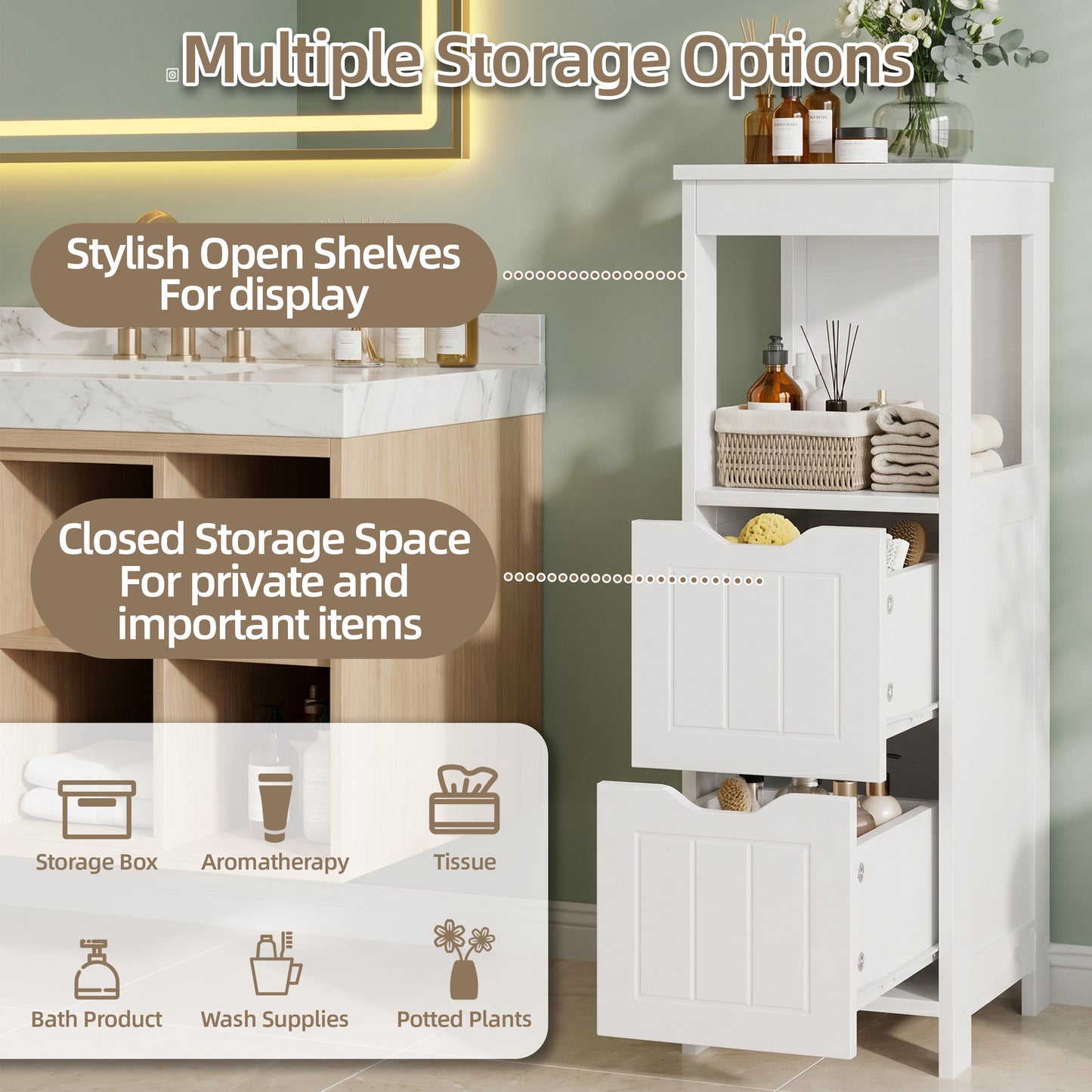 Walsunny Bathroom Storage Cabinets Floor Cabinet Organizer Freestanding Narrow Cabinet with Drawer Open Shelf for Bathroom Laundry
