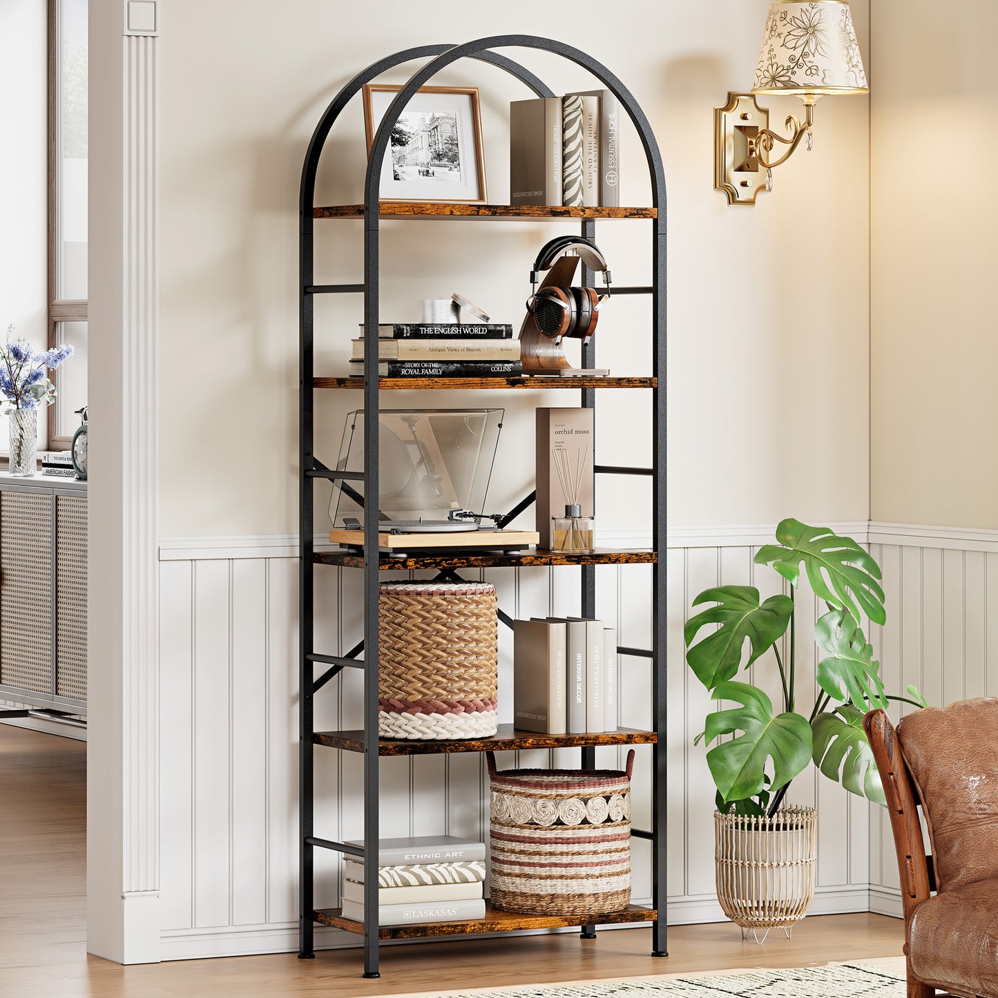 Walsunny 4-Tier Arched Bookshelf Industrial Open Storage Shelf, Display Bookshelves with Metal Frame, Rustic Wood Tall Bookcase for Living Room, Home Office,