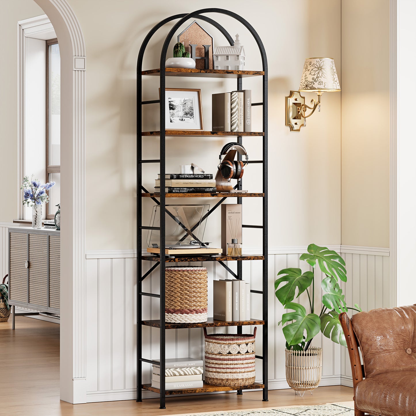 Walsunny 4-Tier Arched Bookshelf Industrial Open Storage Shelf, Display Bookshelves with Metal Frame, Rustic Wood Tall Bookcase for Living Room, Home Office,